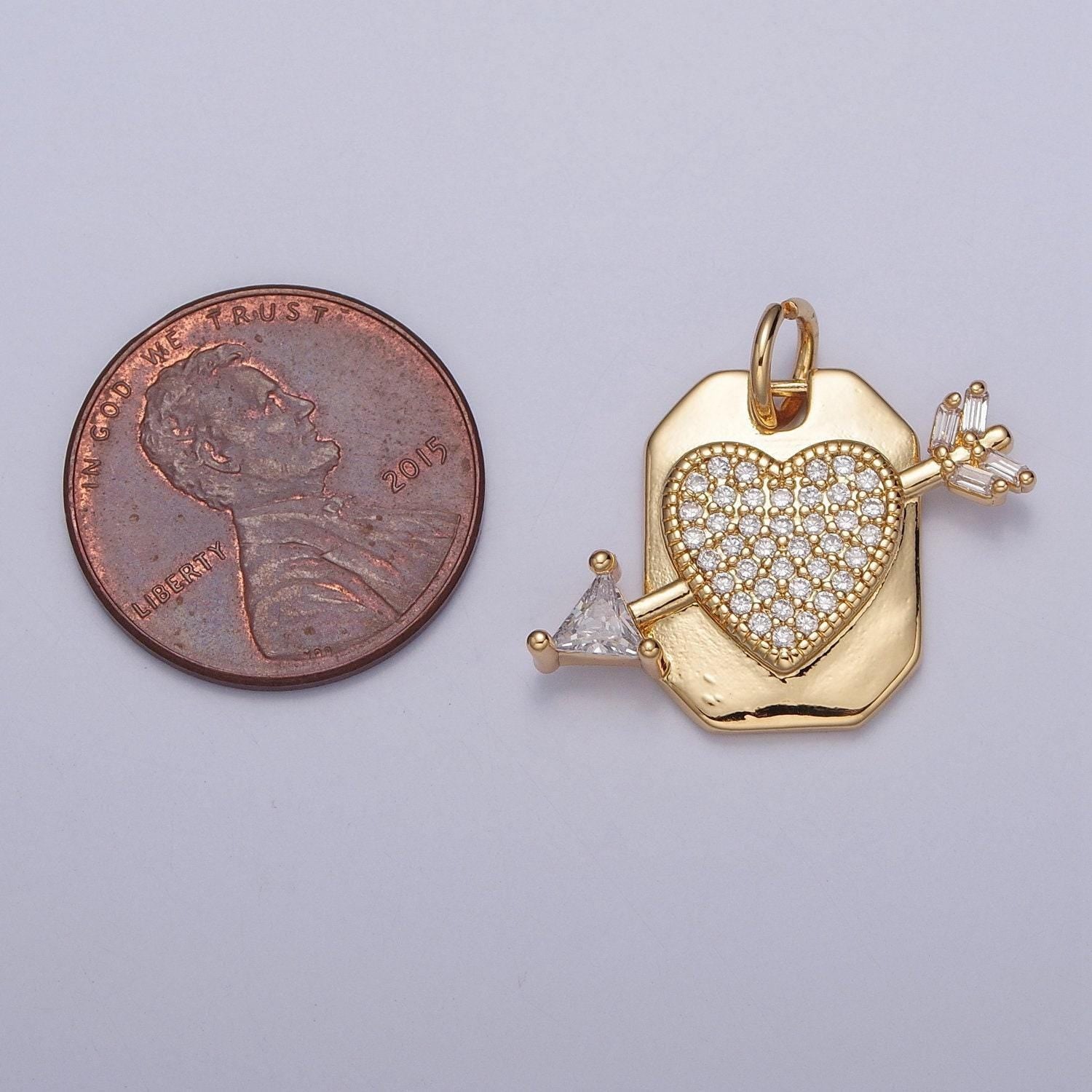 24k gold micro pave cz arrowed heart tag pendant, heart with baguette stones cupid arrow pendant charm for diy jewelry | x-126