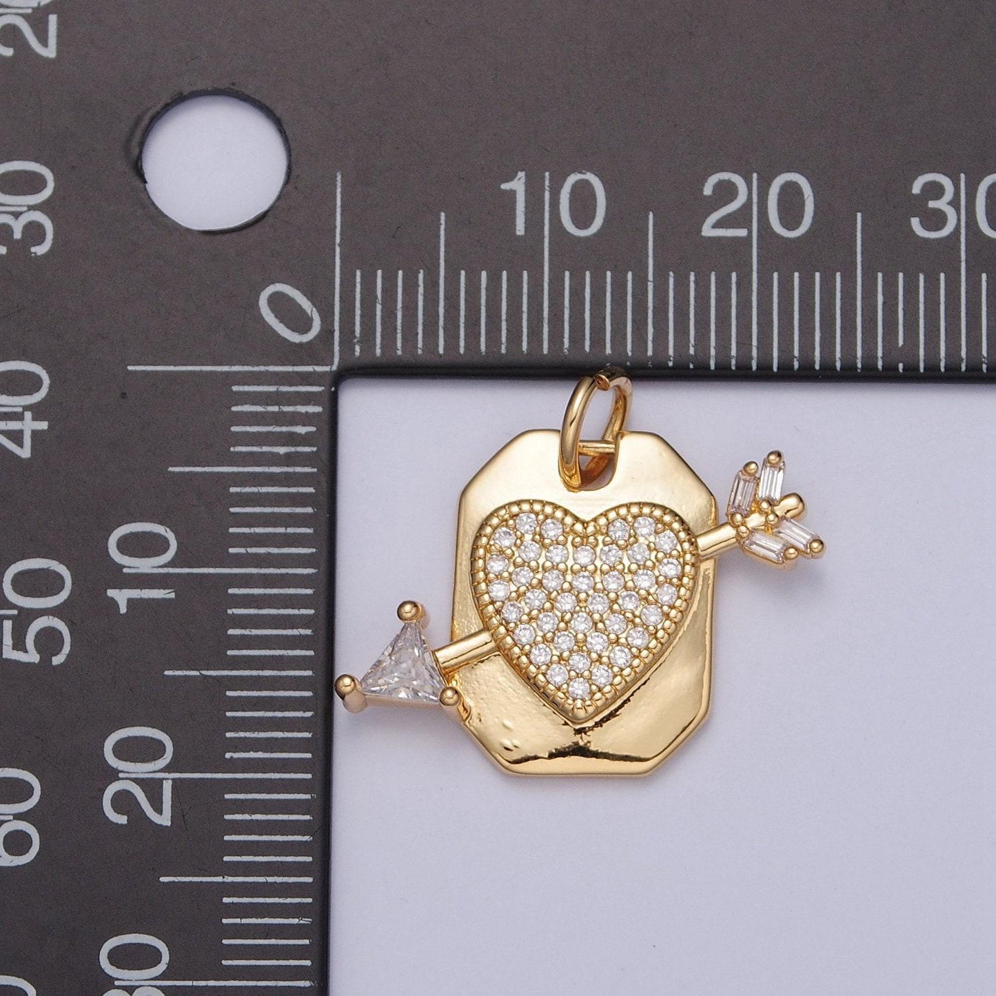 24k gold micro pave cz arrowed heart tag pendant, heart with baguette stones cupid arrow pendant charm for diy jewelry | x-126