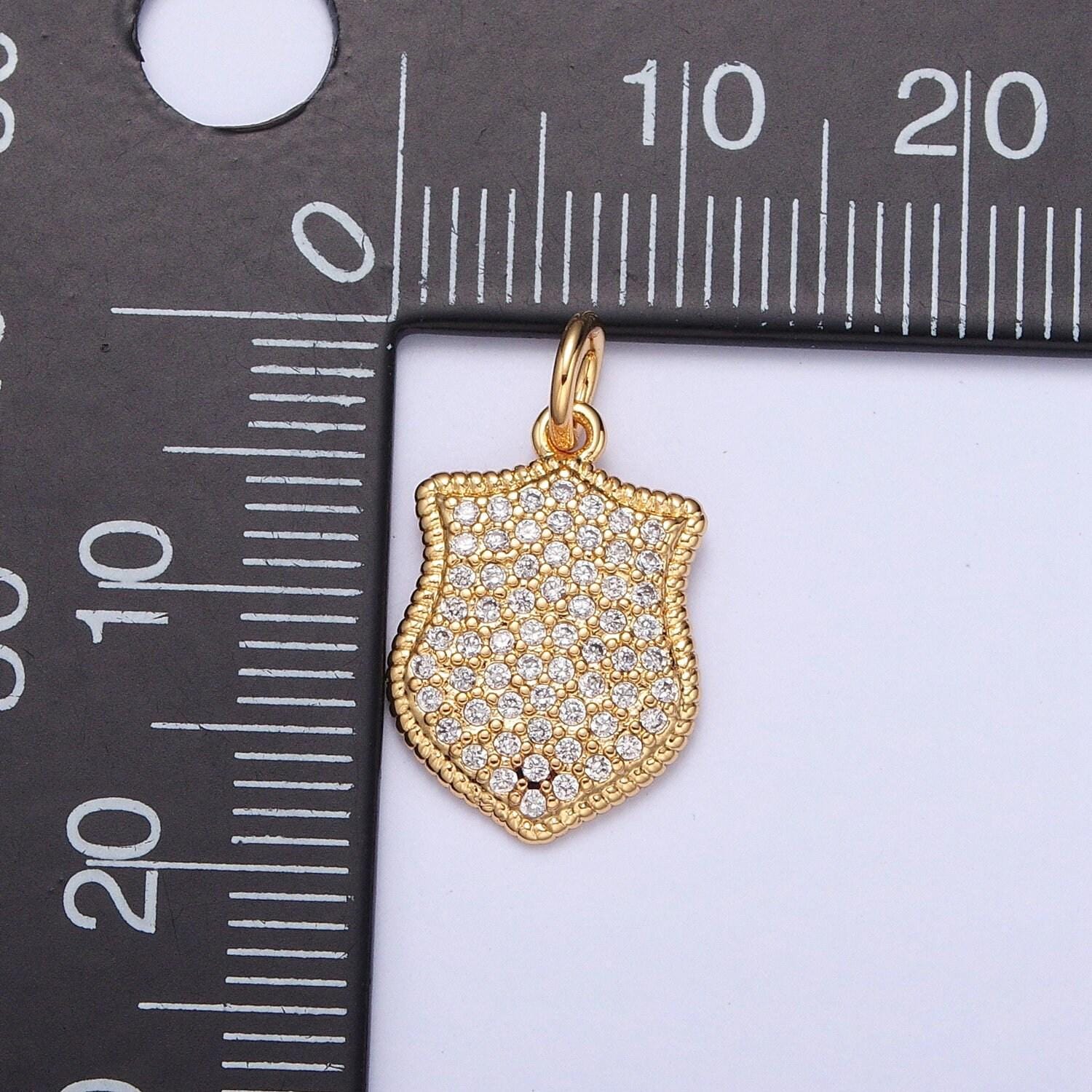 24k gold cz micro pave police badge-shapedtag charm, gold plated cubic zirconia pave tag pendant | x-116