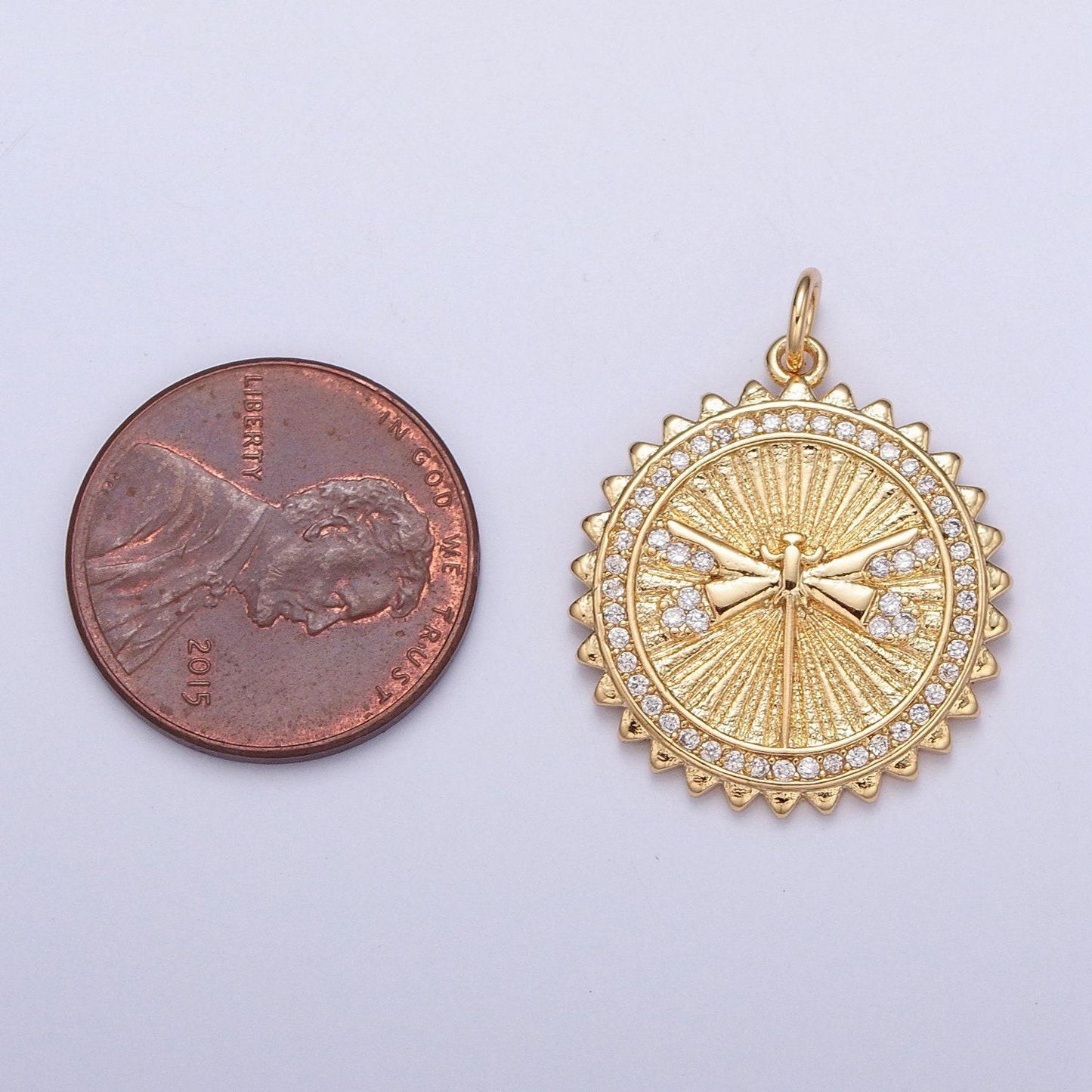 24k gold dragonfly pendant w. clear micro pave cz stones, medallion scalloped decorative edge, round coin pendant jewelry | x-109