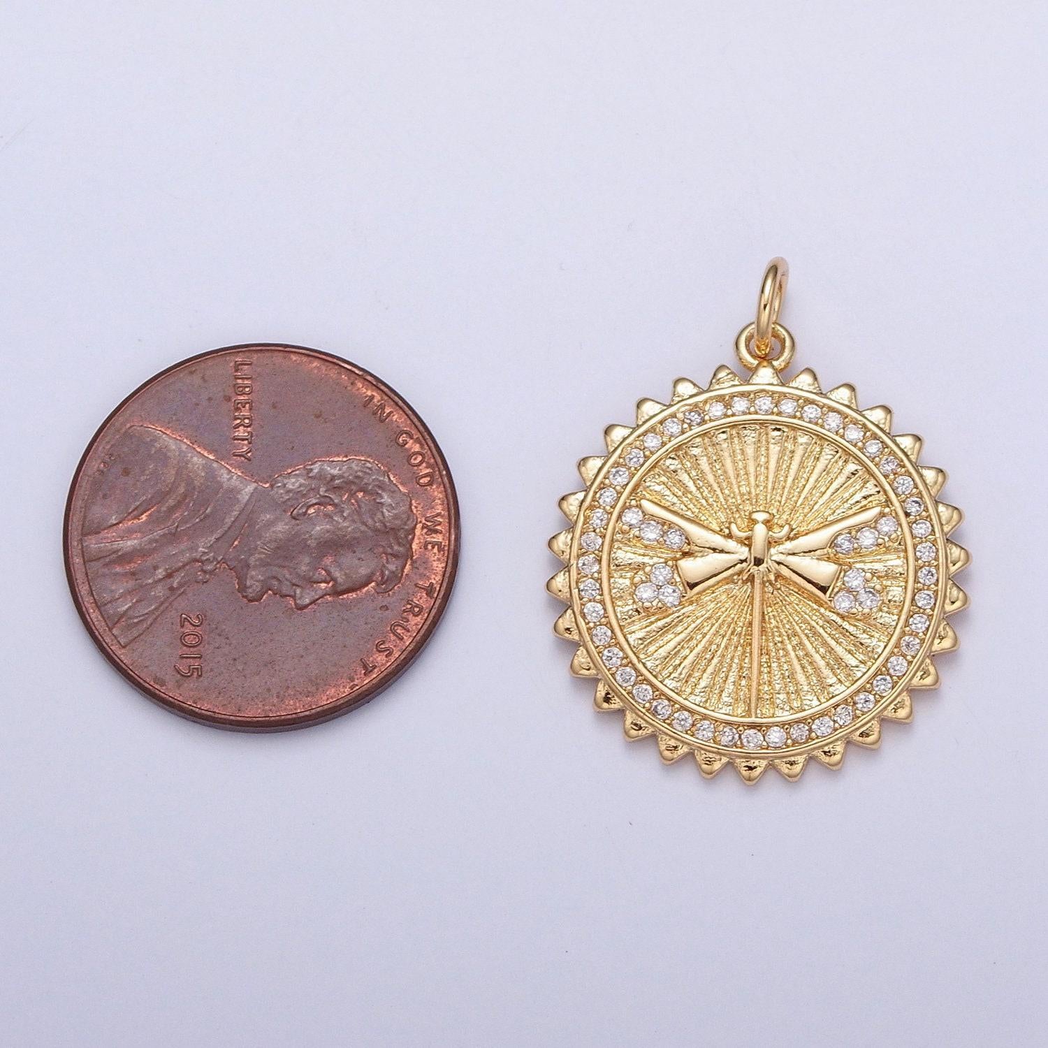 24k gold dragonfly pendant w. clear micro pave cz stones, medallion scalloped decorative edge, round coin pendant jewelry | x-109