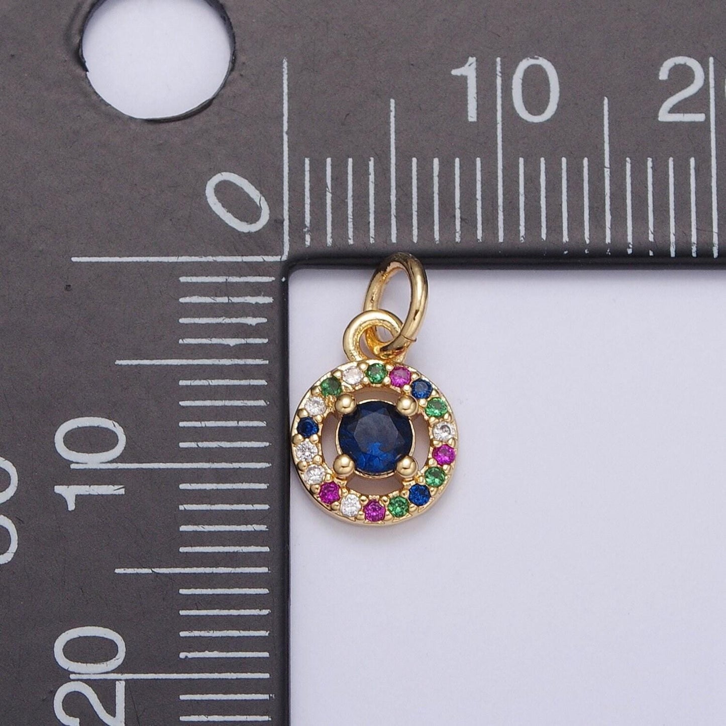 24k gold dainty gold round circular charm colorful cz stone pendant w. blue stone center | x-104