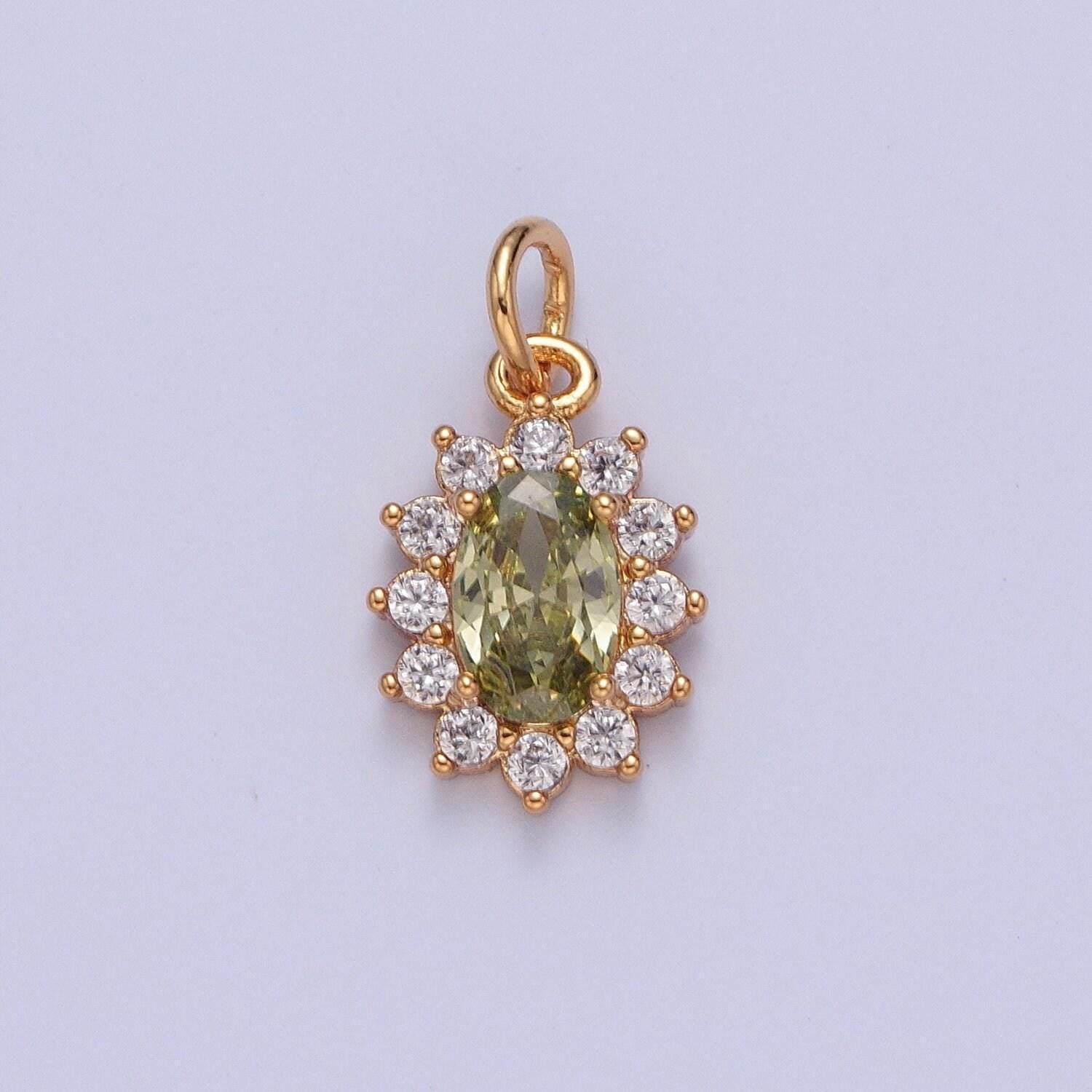 24k gold filled dainty rustic oval flower petals micro pave cz stone pendant, add on charm crystal cz stone for jewelry supply | x-082-x-087
