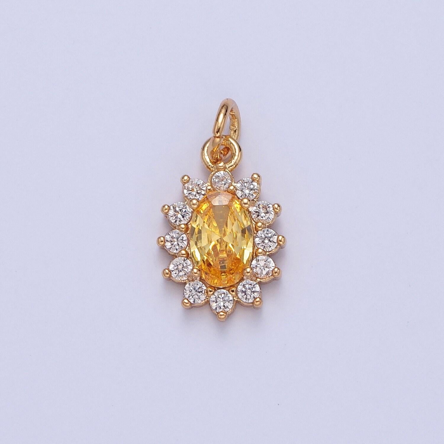24k gold filled dainty rustic oval flower petals micro pave cz stone pendant, add on charm crystal cz stone for jewelry supply | x-082-x-087
