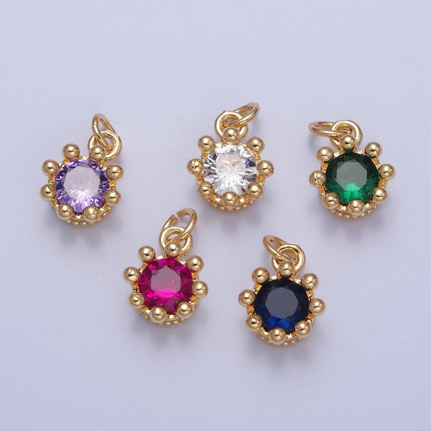 24k gold filled mini round flower-like cz colored stone pendant, add on charm crystal cz stone for necklace bracelet supply | x-060-x-064