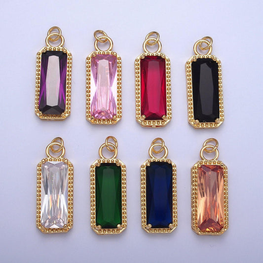24k gold filled rectangular gemstones teardrop cubic zirconia cz pendant, beaded-edge charm for jewelry necklace making | x-042-x-049