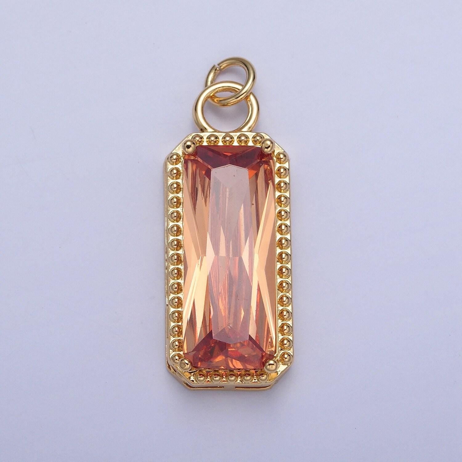 24k gold filled rectangular gemstones teardrop cubic zirconia cz pendant, beaded-edge charm for jewelry necklace making | x-042-x-049