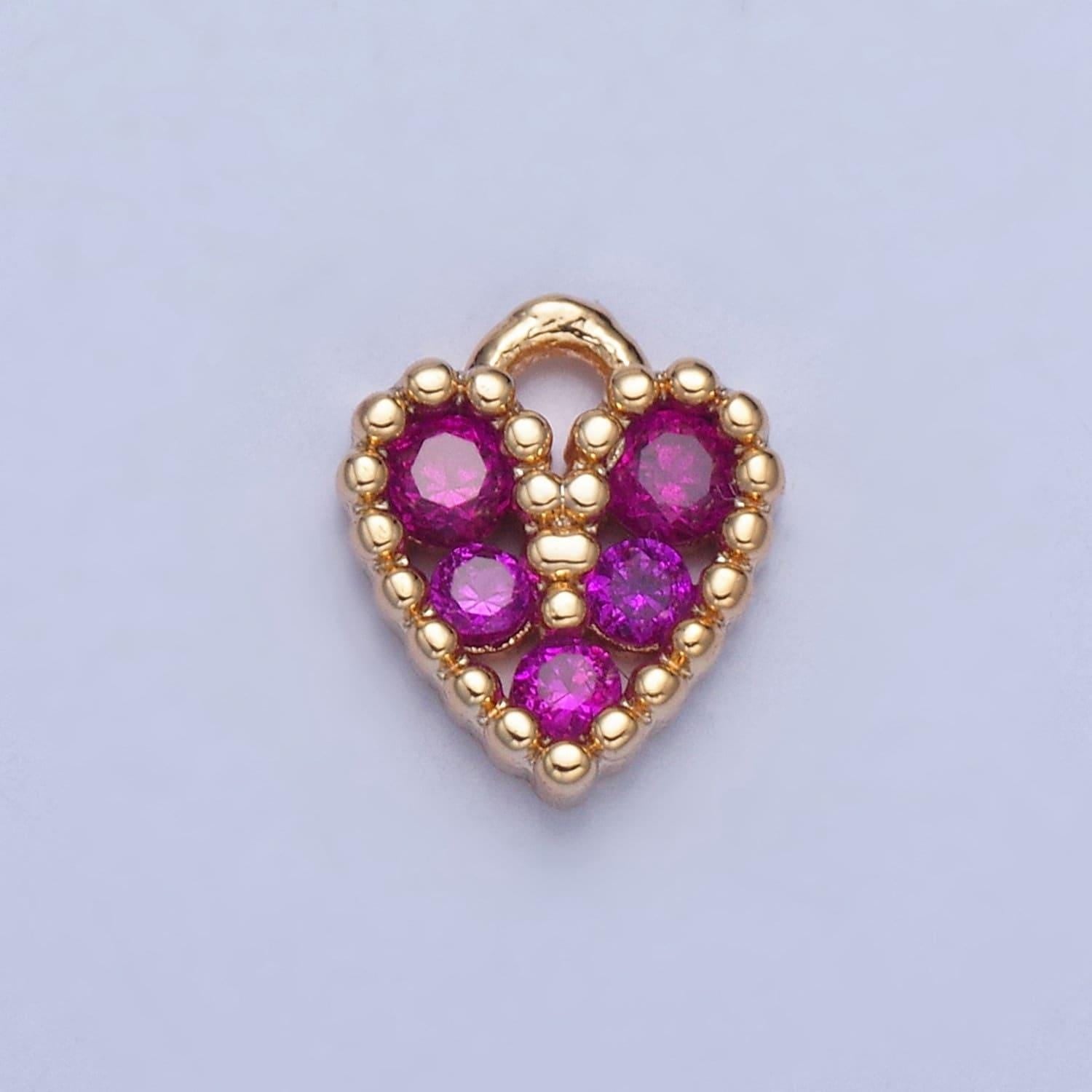 24k gold mini bright magenta pink heart cz clear stone pendant, add on heart charm crystal cz stone for necklace bracelet supply | x-032