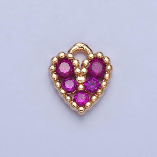24k gold mini bright magenta pink heart cz clear stone pendant, add on heart charm crystal cz stone for necklace bracelet supply | x-032