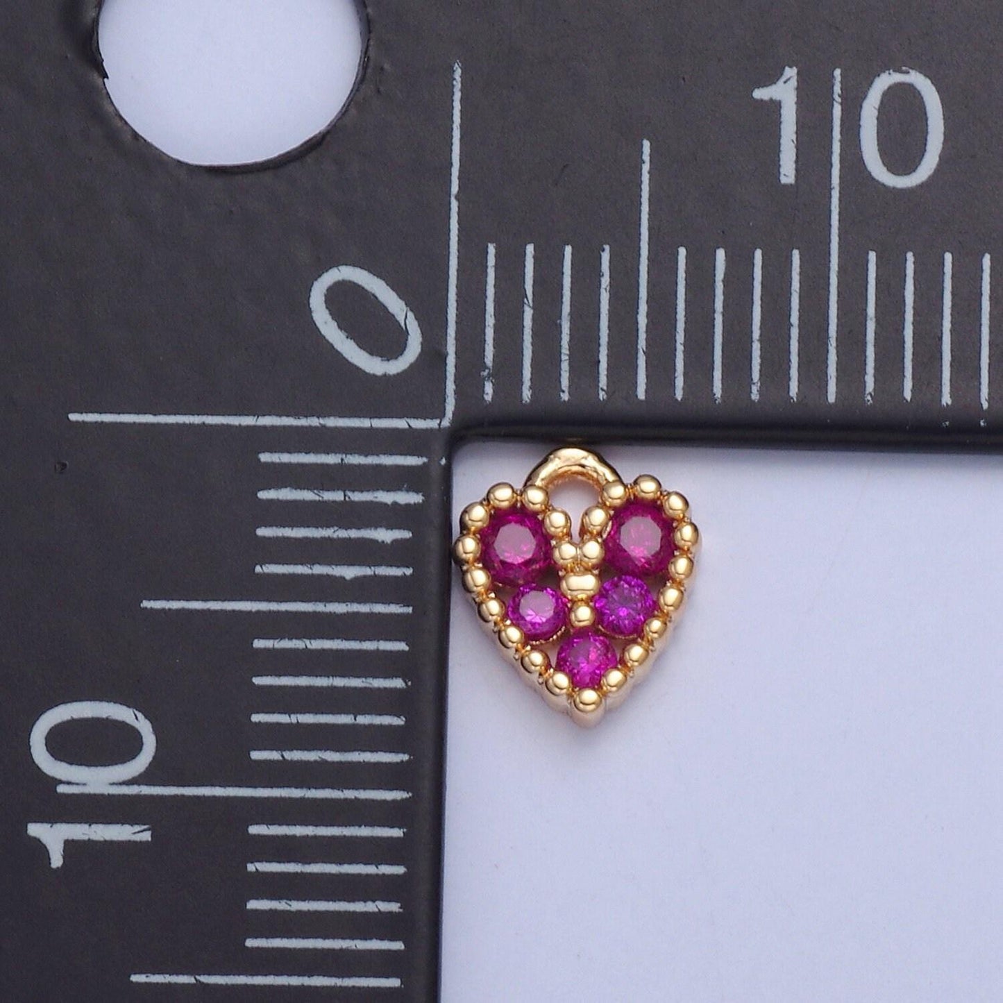 24k gold mini bright magenta pink heart cz clear stone pendant, add on heart charm crystal cz stone for necklace bracelet supply | x-032
