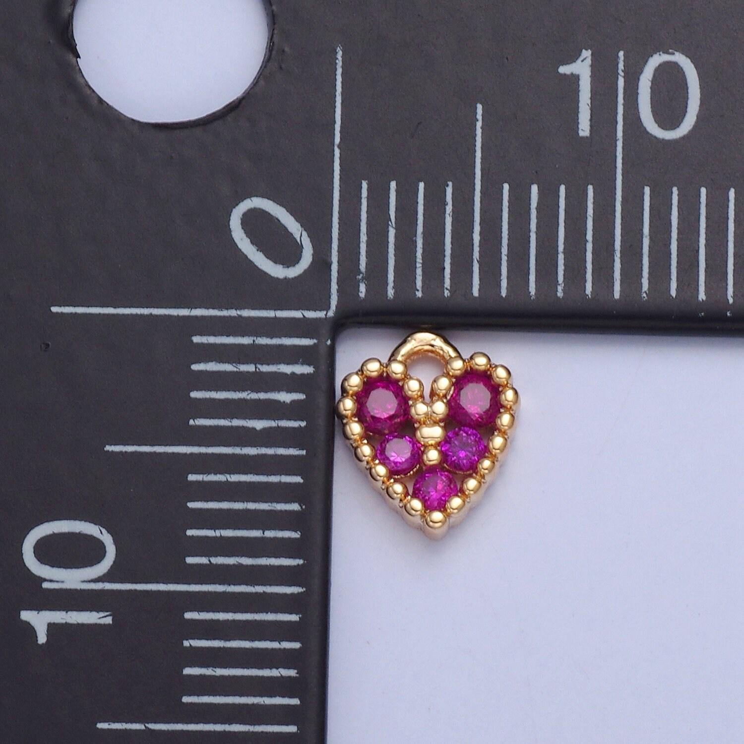 24k gold mini bright magenta pink heart cz clear stone pendant, add on heart charm crystal cz stone for necklace bracelet supply | x-032