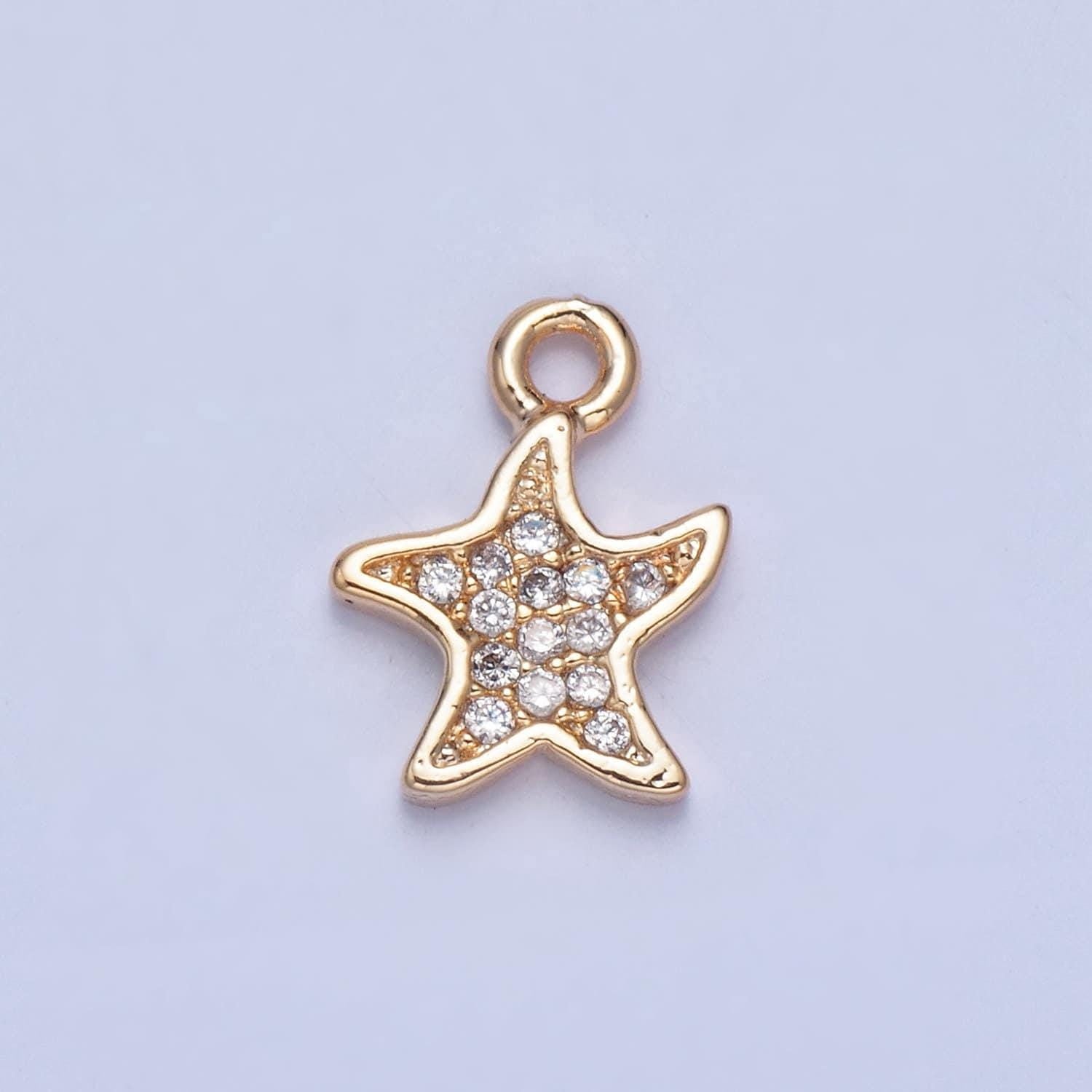 24k gold dainty playful starfish micro pave cz clear stone pendant, add on star charm dainty crystal cz for necklace bracelet supply | x-030