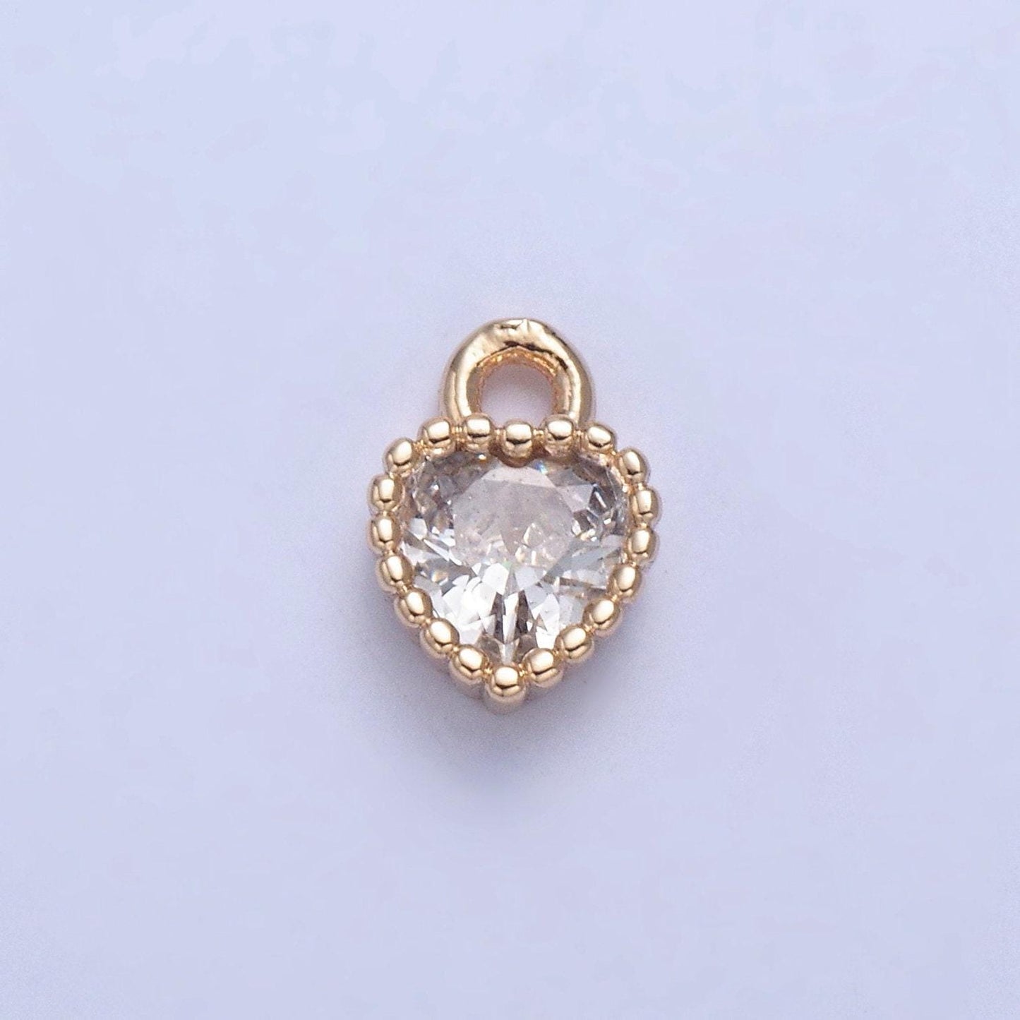 24k gold mini heart cz clear stone decorative beaded edge pendant, add on charm dainty crystal cz stone for necklace bracelet supply | x-027
