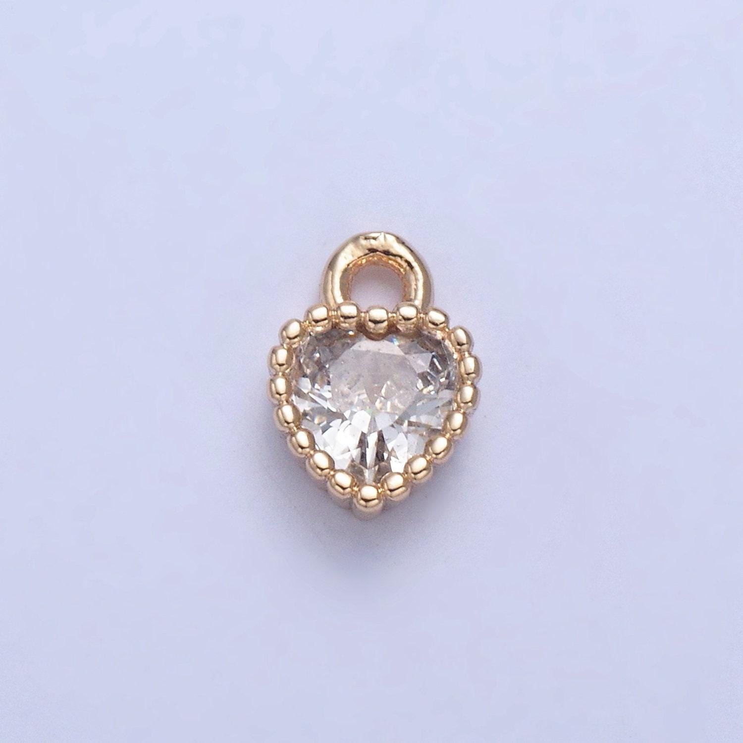24k gold mini heart cz clear stone decorative beaded edge pendant, add on charm dainty crystal cz stone for necklace bracelet supply | x-027