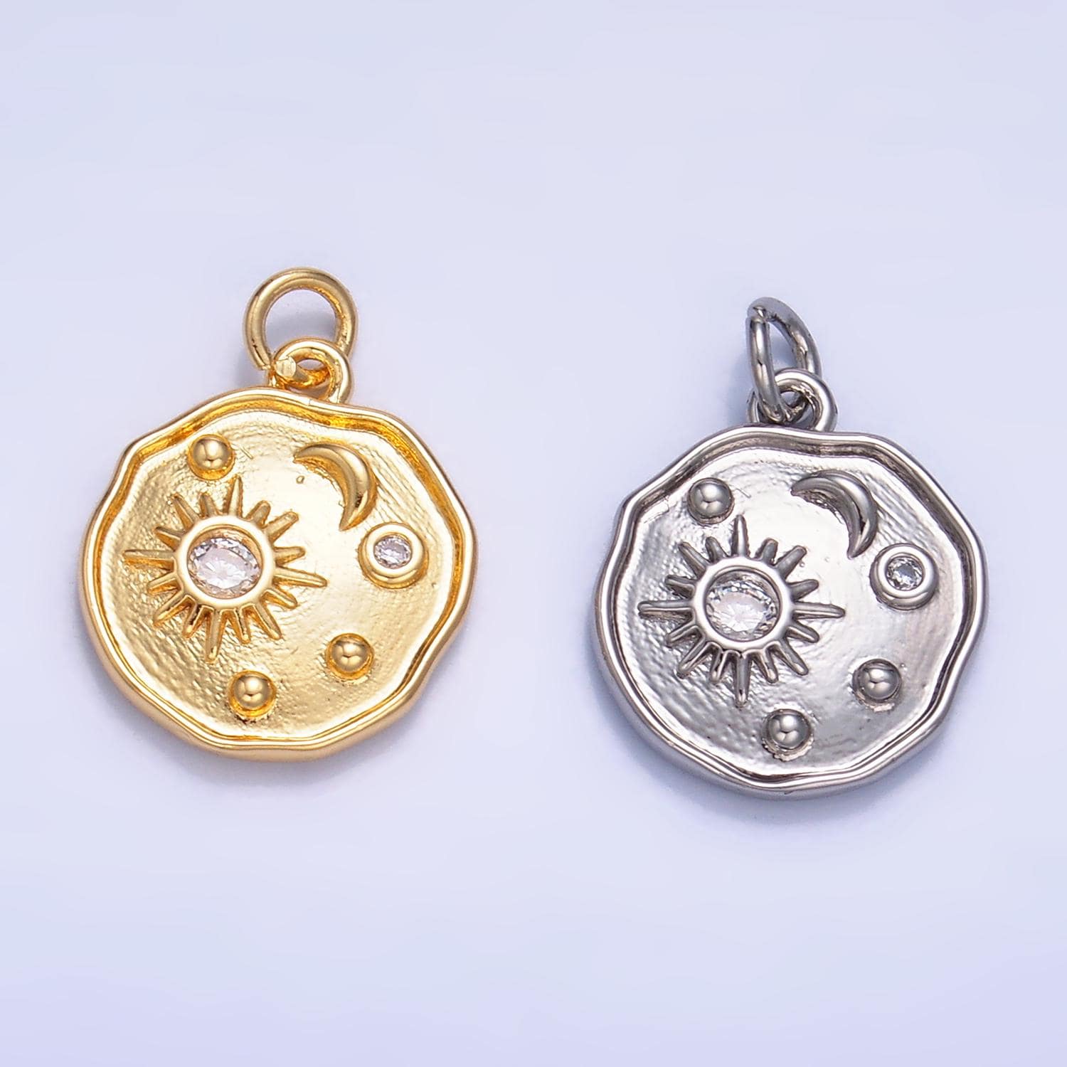 24K Gold Filled Clear CZ Celestial Sun Ray Star Round Charm | W379