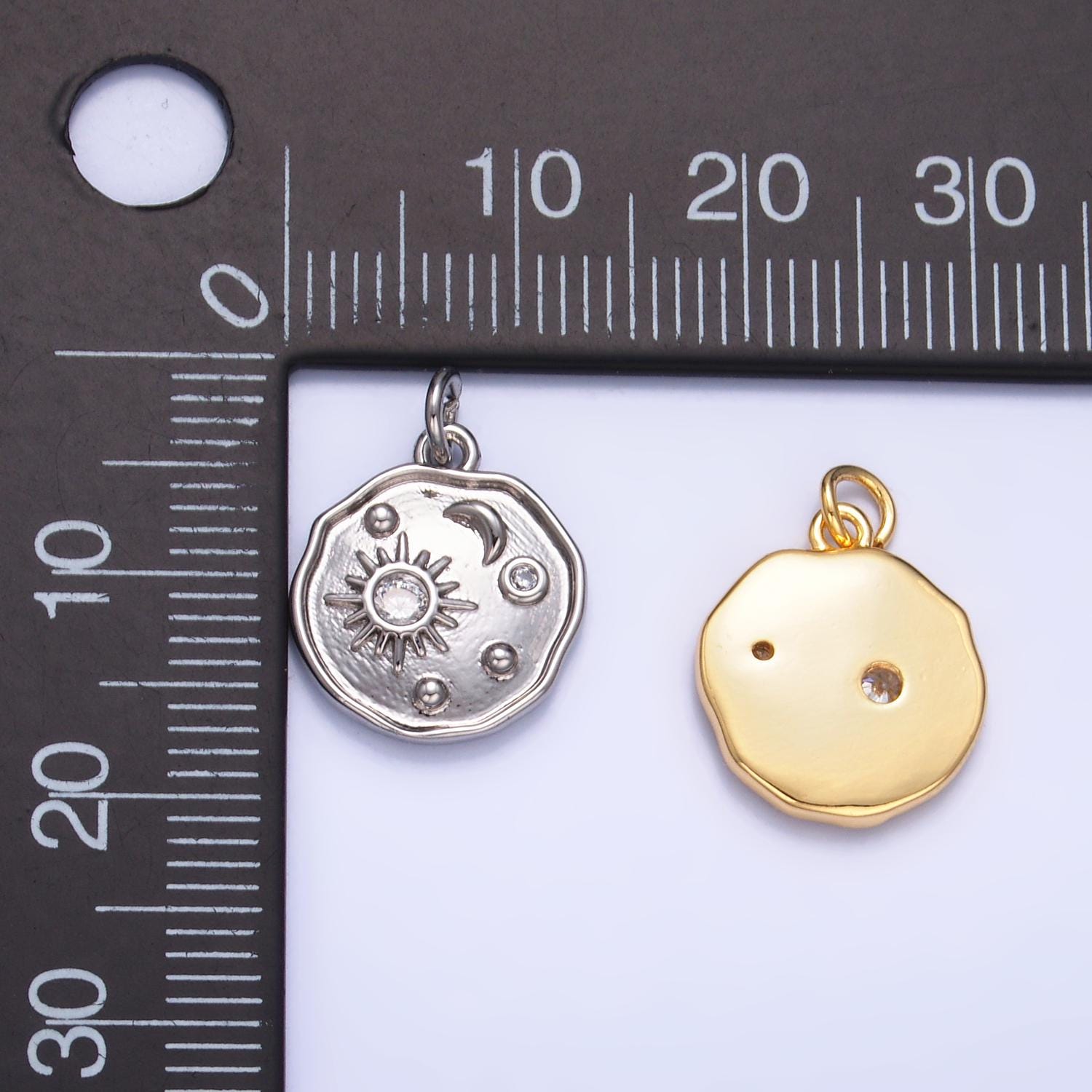 24K Gold Filled Clear CZ Celestial Sun Ray Star Round Charm | W379