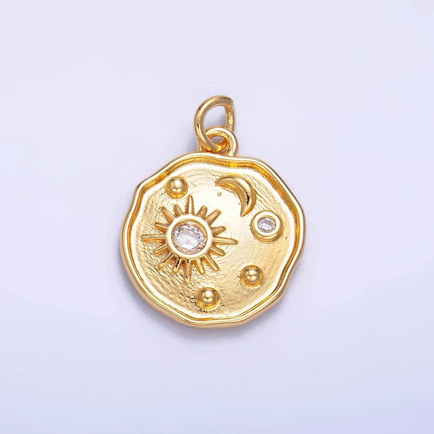 24K Gold Filled Clear CZ Celestial Sun Ray Star Round Charm | W379