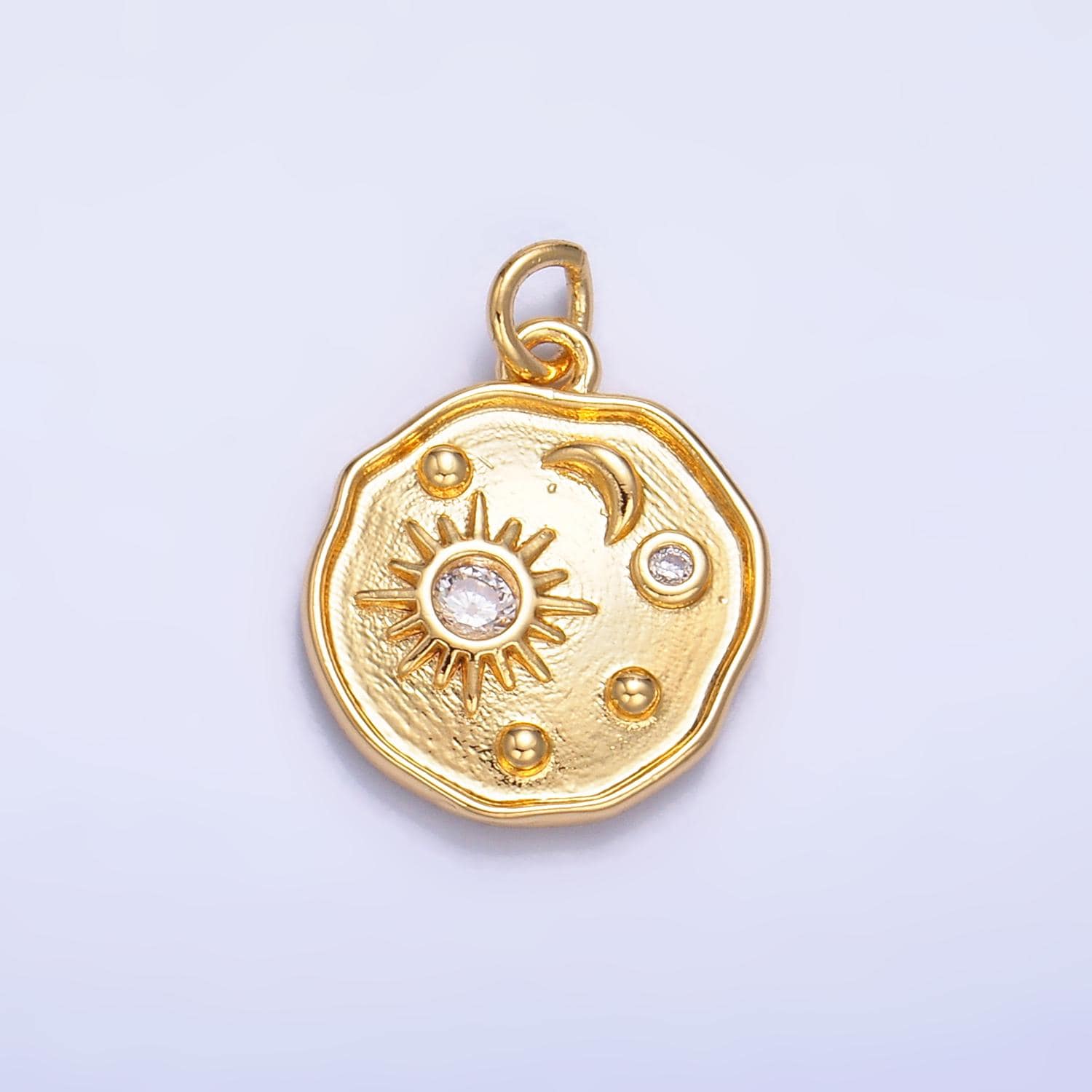 24K Gold Filled Clear CZ Celestial Sun Ray Star Round Charm | W379
