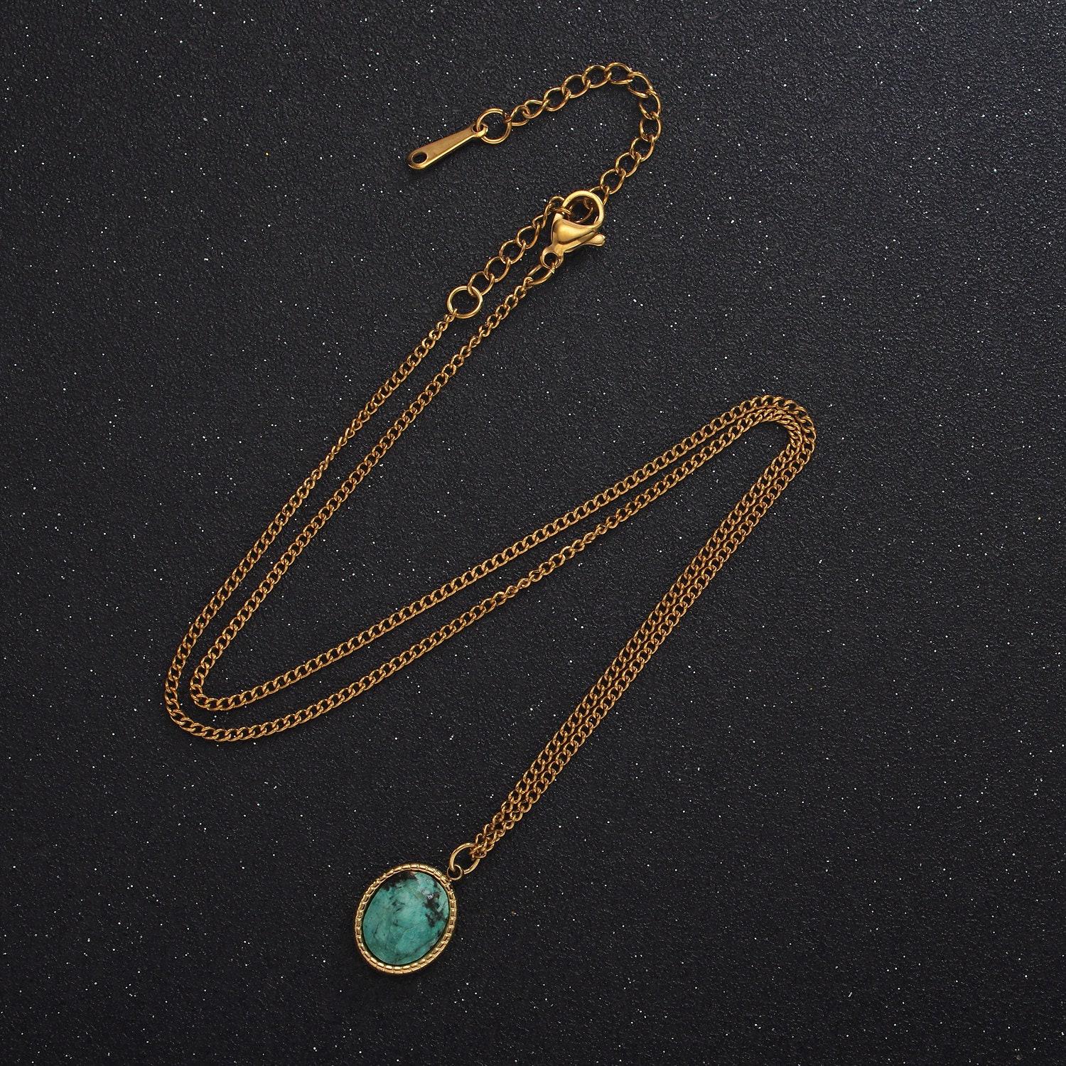Stainless steel turquoise oval bezel curb chain 16 inch necklace w. extender | wa-2471