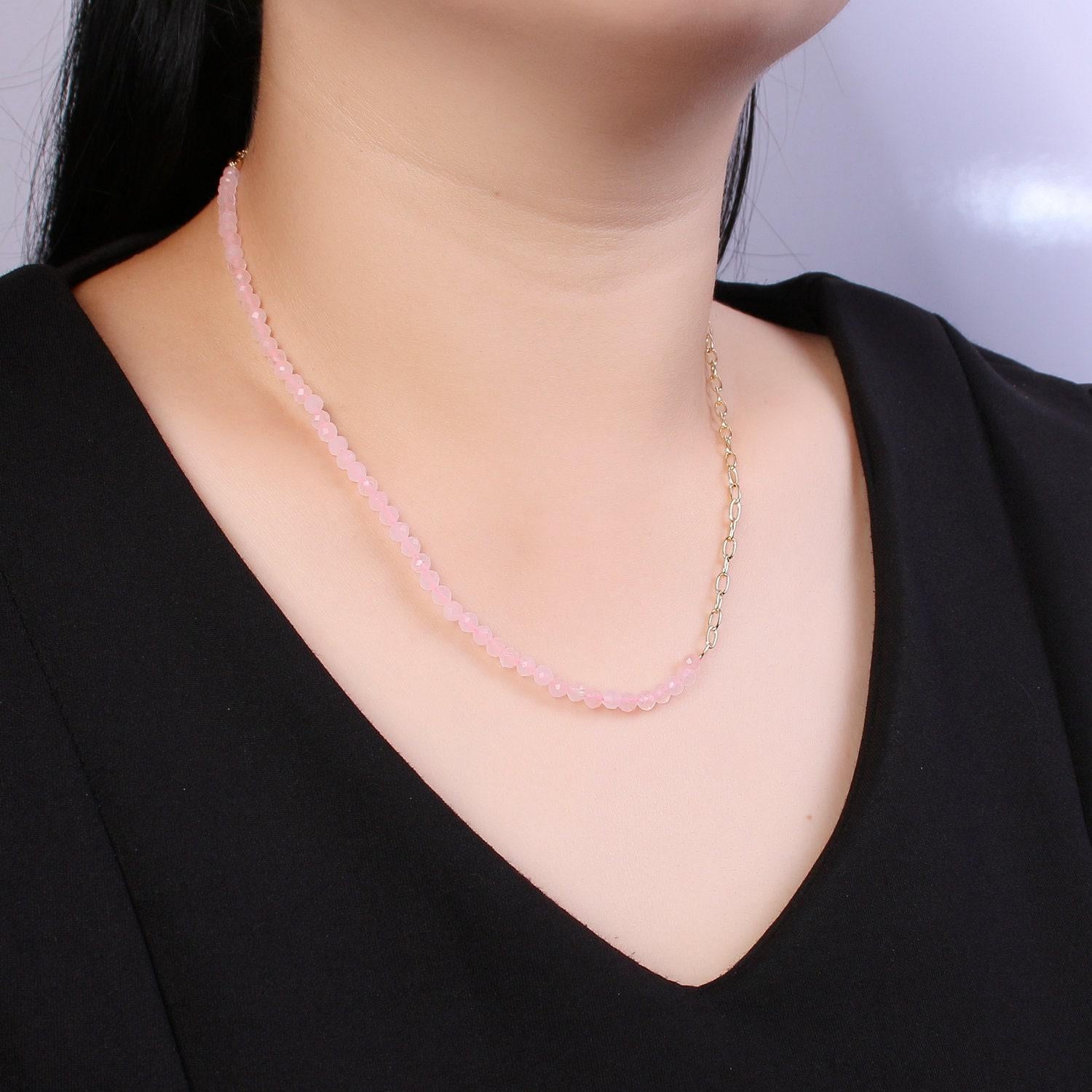 Half clear quartz half chain necklace, minimalist beaded paperclip chain necklace gold filled dainy mix chain necklace
