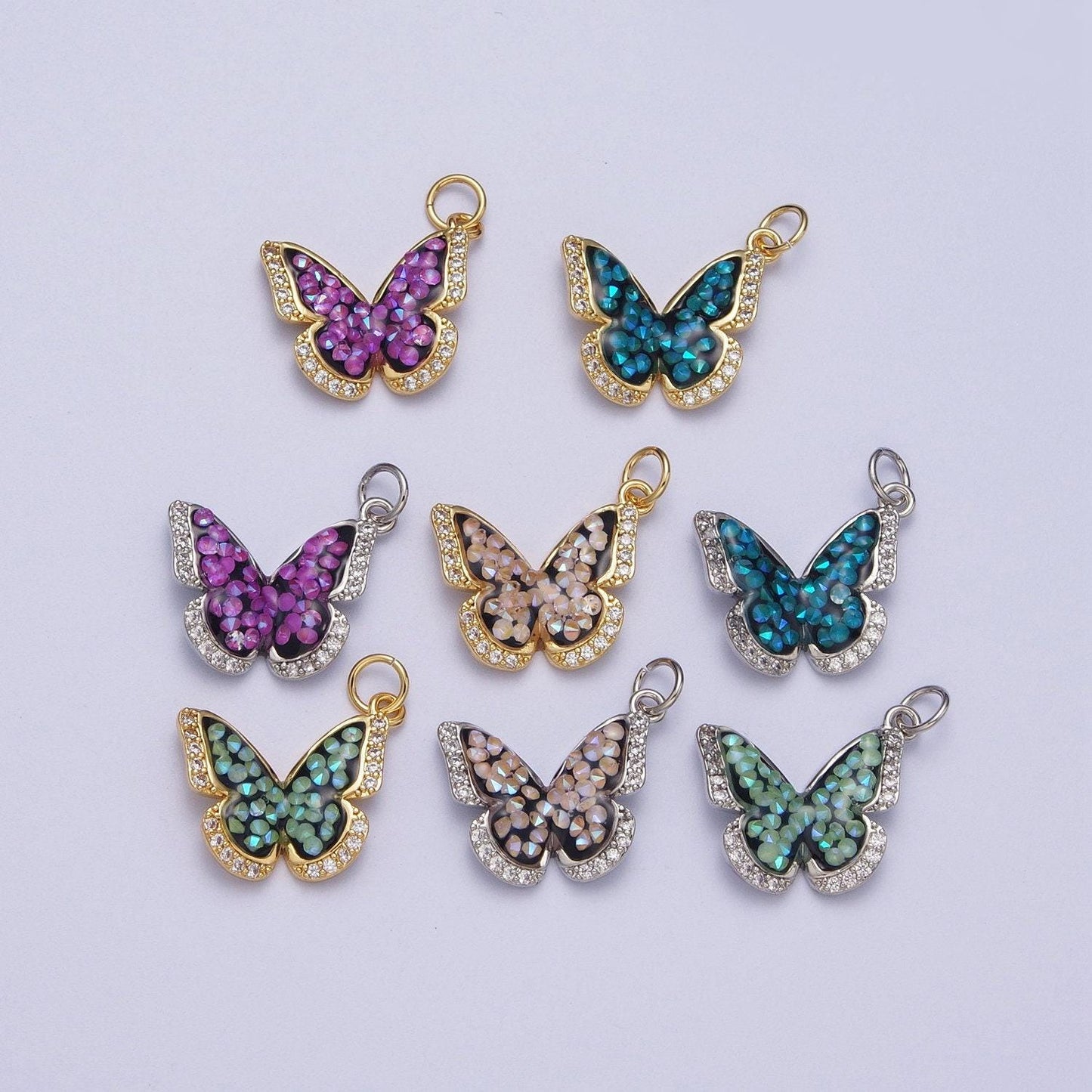 Dainty silver cz mariposa butterfly pendant, white gold filled micro paved clear cz colored ab stone mariposa butterflies charm