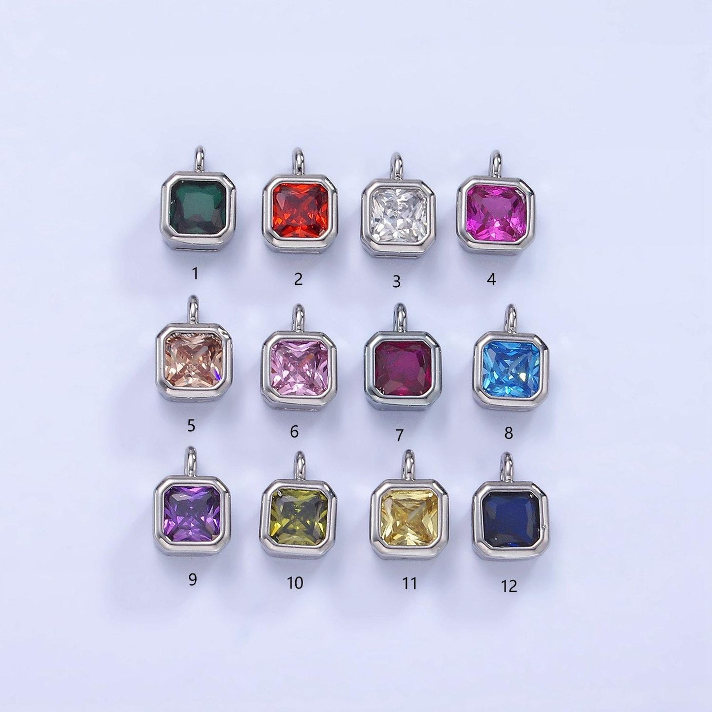 Silver square multifaceted cubic zirconia stone personalized tag add-on charm birthstone charm earring bracelet supply | w759