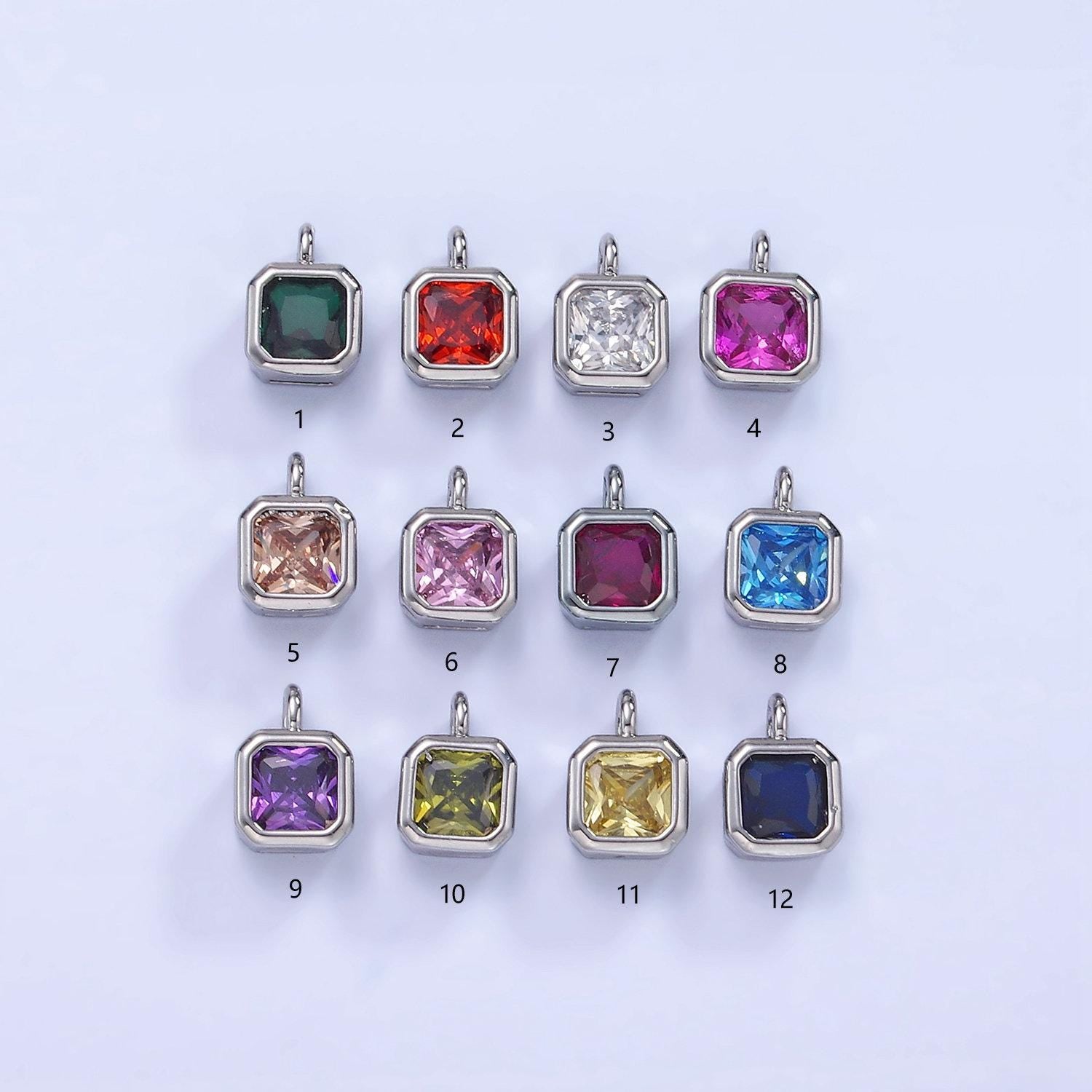 Silver square multifaceted cubic zirconia stone personalized tag add-on charm birthstone charm earring bracelet supply | w759