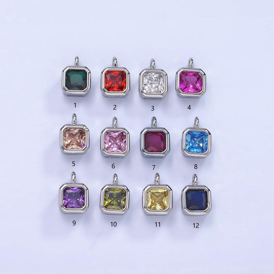 Silver square multifaceted cubic zirconia stone personalized tag add-on charm birthstone charm earring bracelet supply | w759