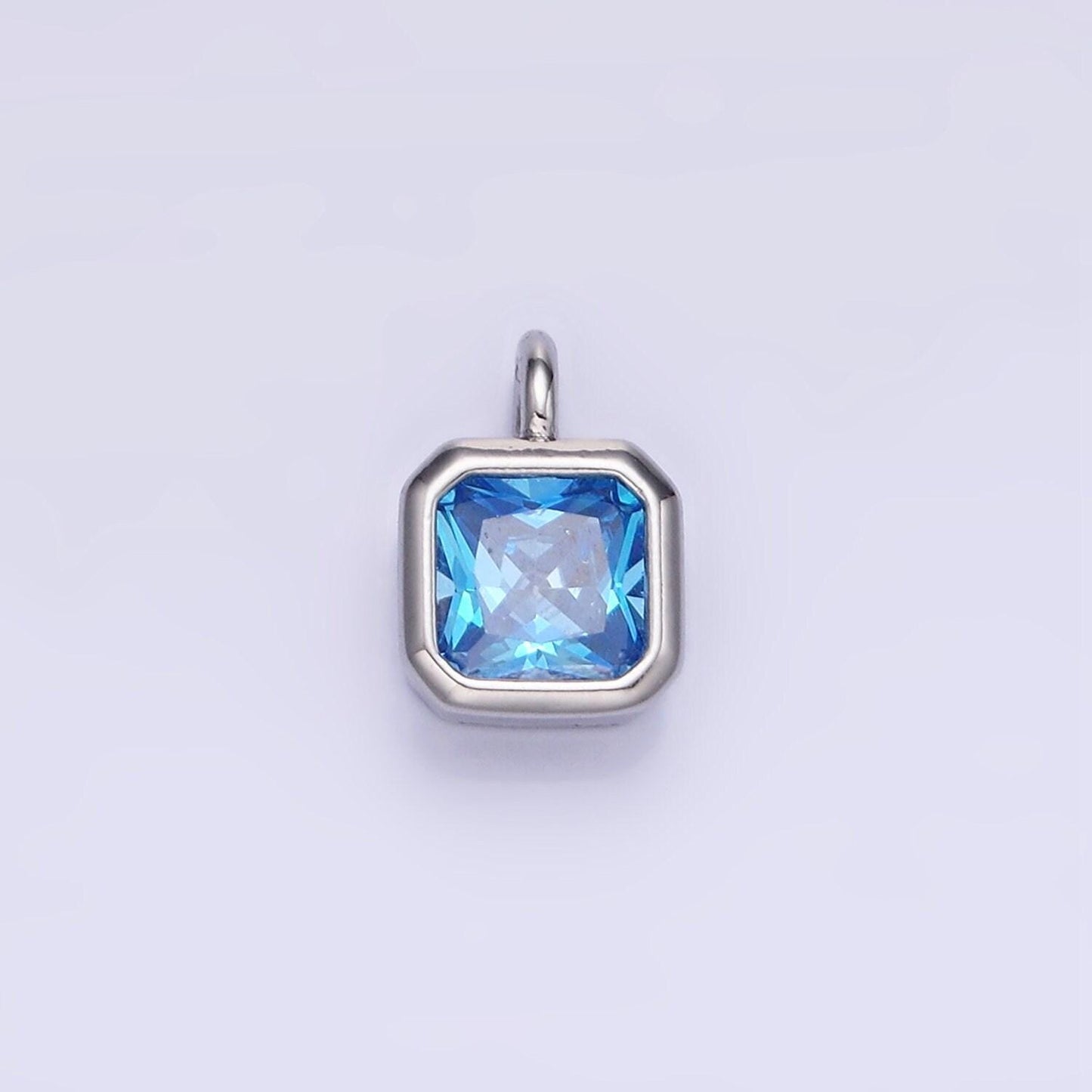 Silver square multifaceted cubic zirconia stone personalized tag add-on charm birthstone charm earring bracelet supply | w759
