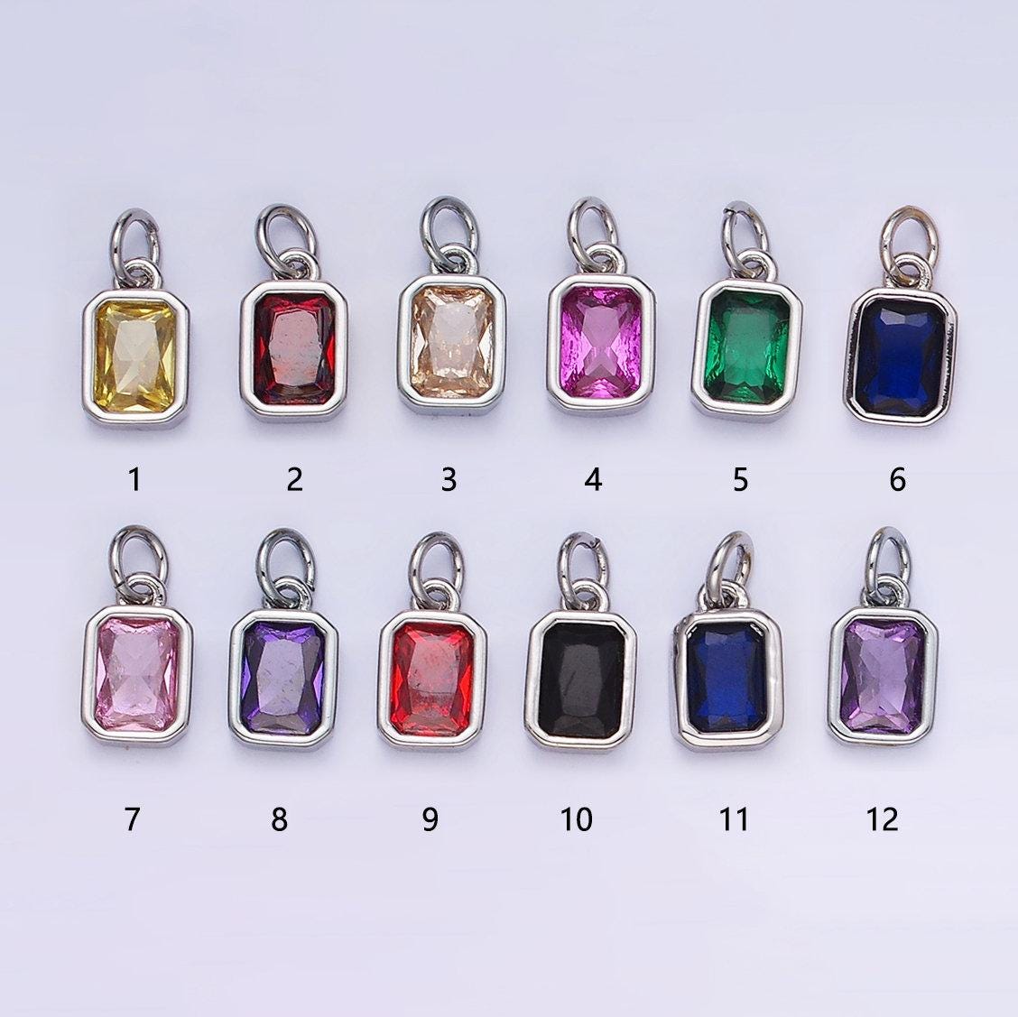 Silver square multifaceted cubic zirconia stone personalized tag add-on charm birthstone charm earring bracelet supply | w749