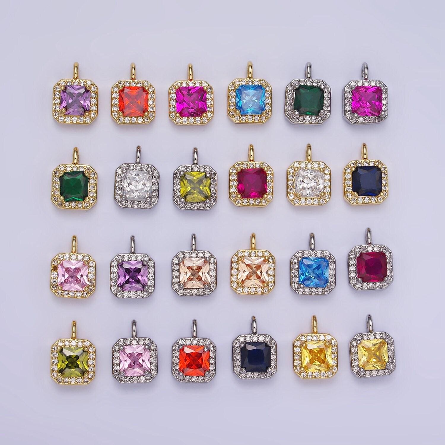 24k gold filled 7.5mm multifaceted birthstone cz square personalized charm | w-684