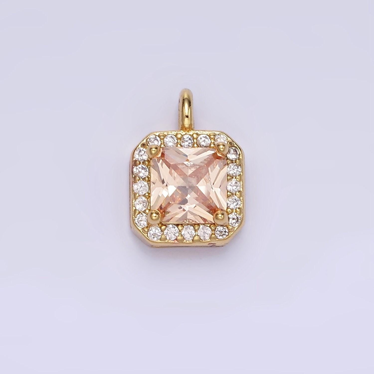 24k gold filled 7.5mm multifaceted birthstone cz square personalized charm | w-684