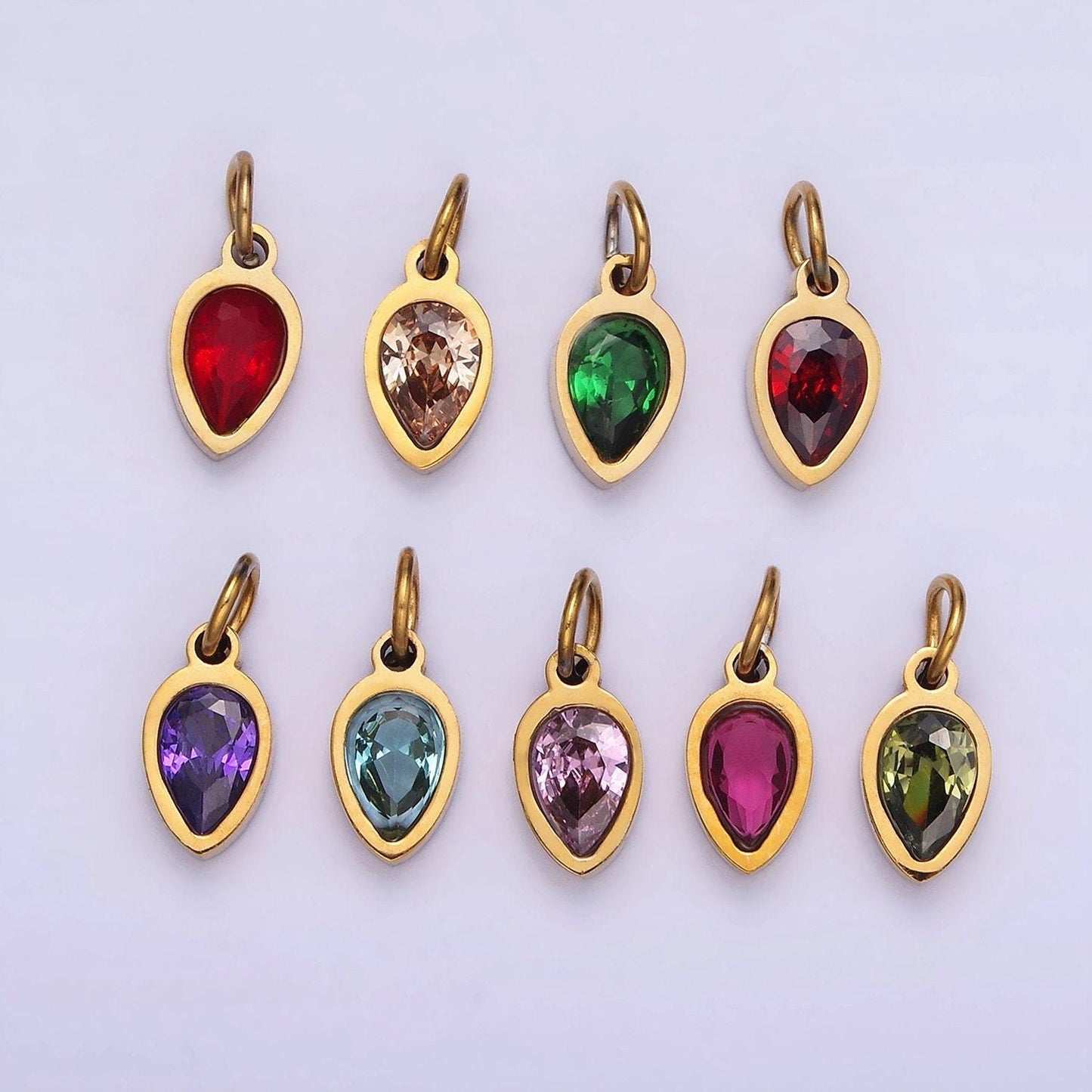Colorful cz teardrop gold stainless steel bezel rim tiny small pendant charm for bracelet necklace earring finding w671