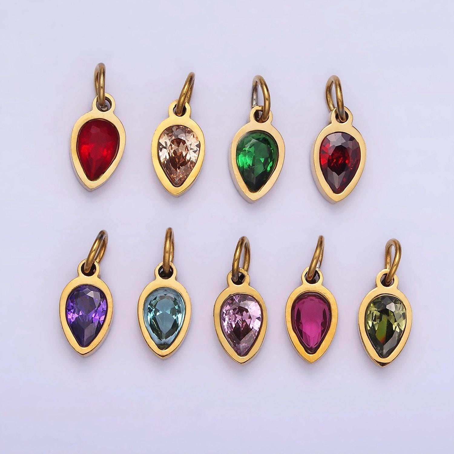 Colorful cz teardrop gold stainless steel bezel rim tiny small pendant charm for bracelet necklace earring finding w671