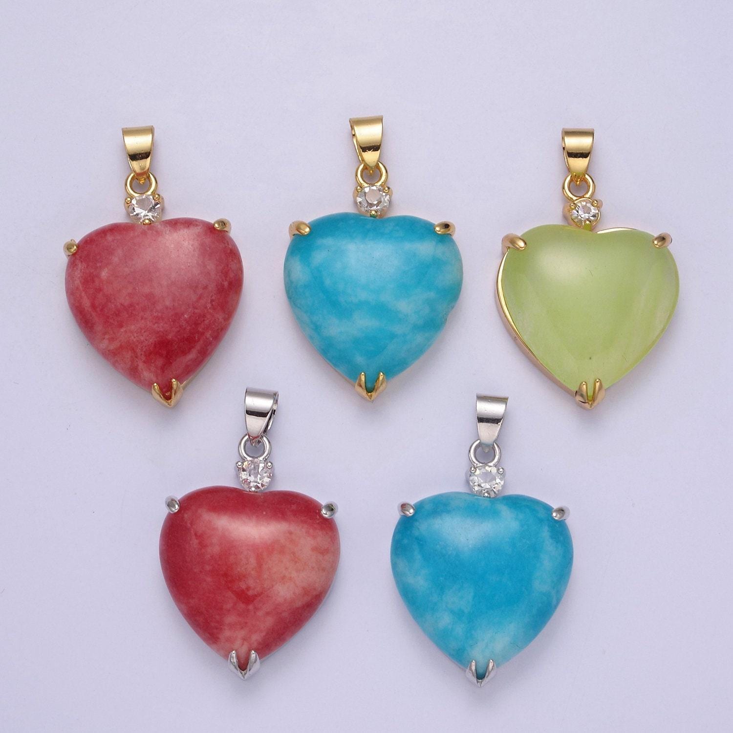 1x green, blue, red heart jade stone for necklace pendant
