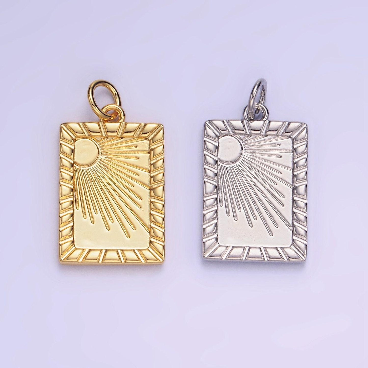 14k gold filled celestial sun ray lined tag charm in gold & silver | w-563