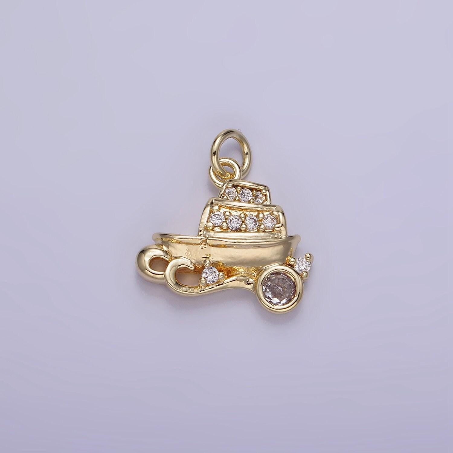 14k gold filled micro paved cz baby boat vehicle charm | w-537