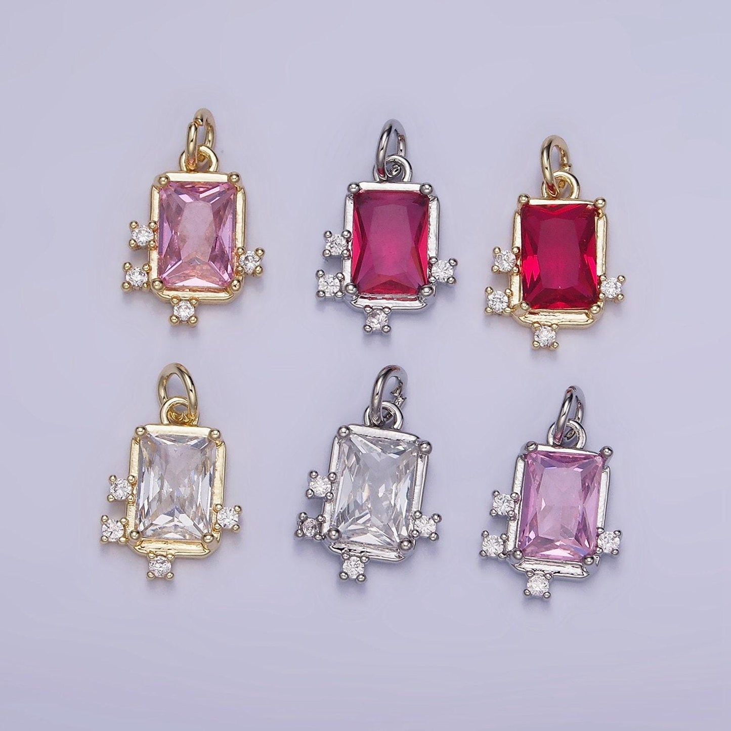 14k gold filled pink, clear, fuchsia emerald cut cz bezel charm in gold & silver | w533 - w535