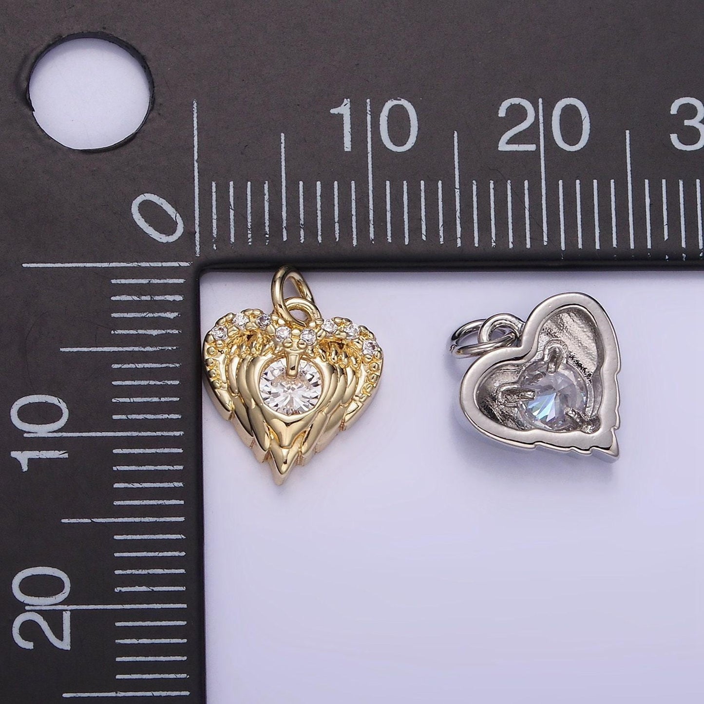 Tiny silver gold angel wing charm with cz stone heart guardian angel pendant for bracelet necklace charm w-536
