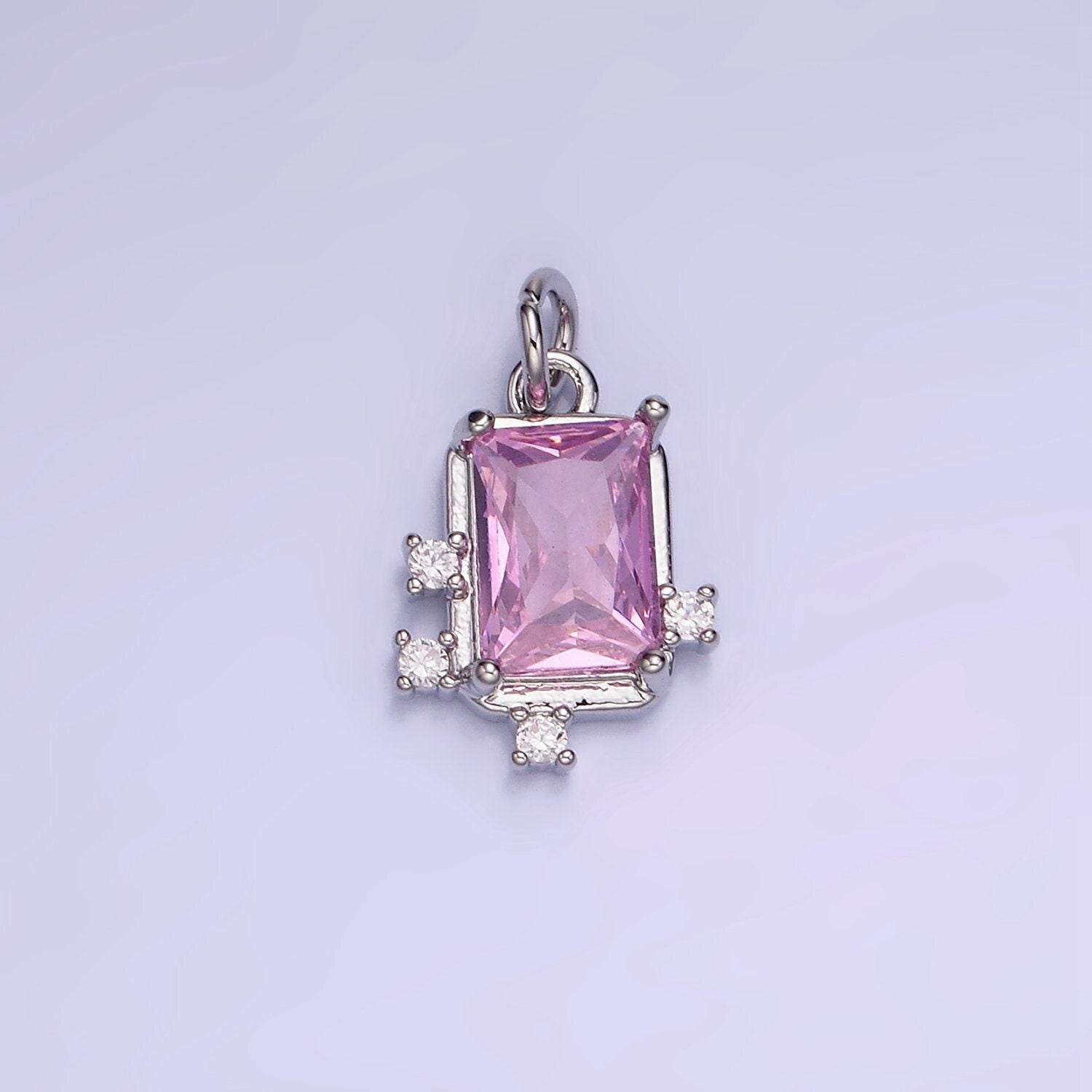 14k gold filled pink, clear, fuchsia emerald cut cz bezel charm in gold & silver | w533 - w535