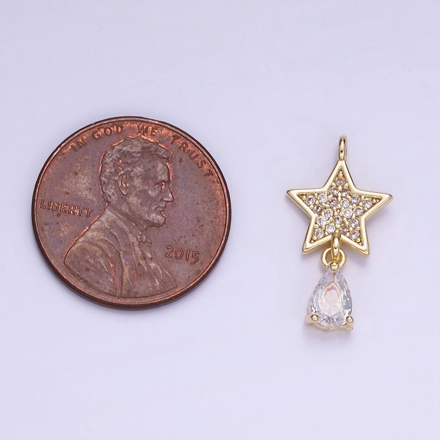 Gold star charm necklace, drop tear drop cz charm for necklace bracelet earring celestial jewelry making supply w531