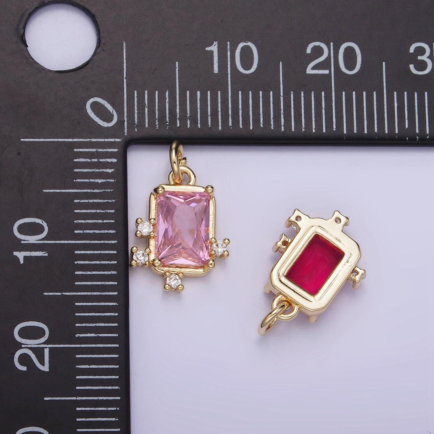 14k gold filled pink, clear, fuchsia emerald cut cz bezel charm in gold & silver | w533 - w535