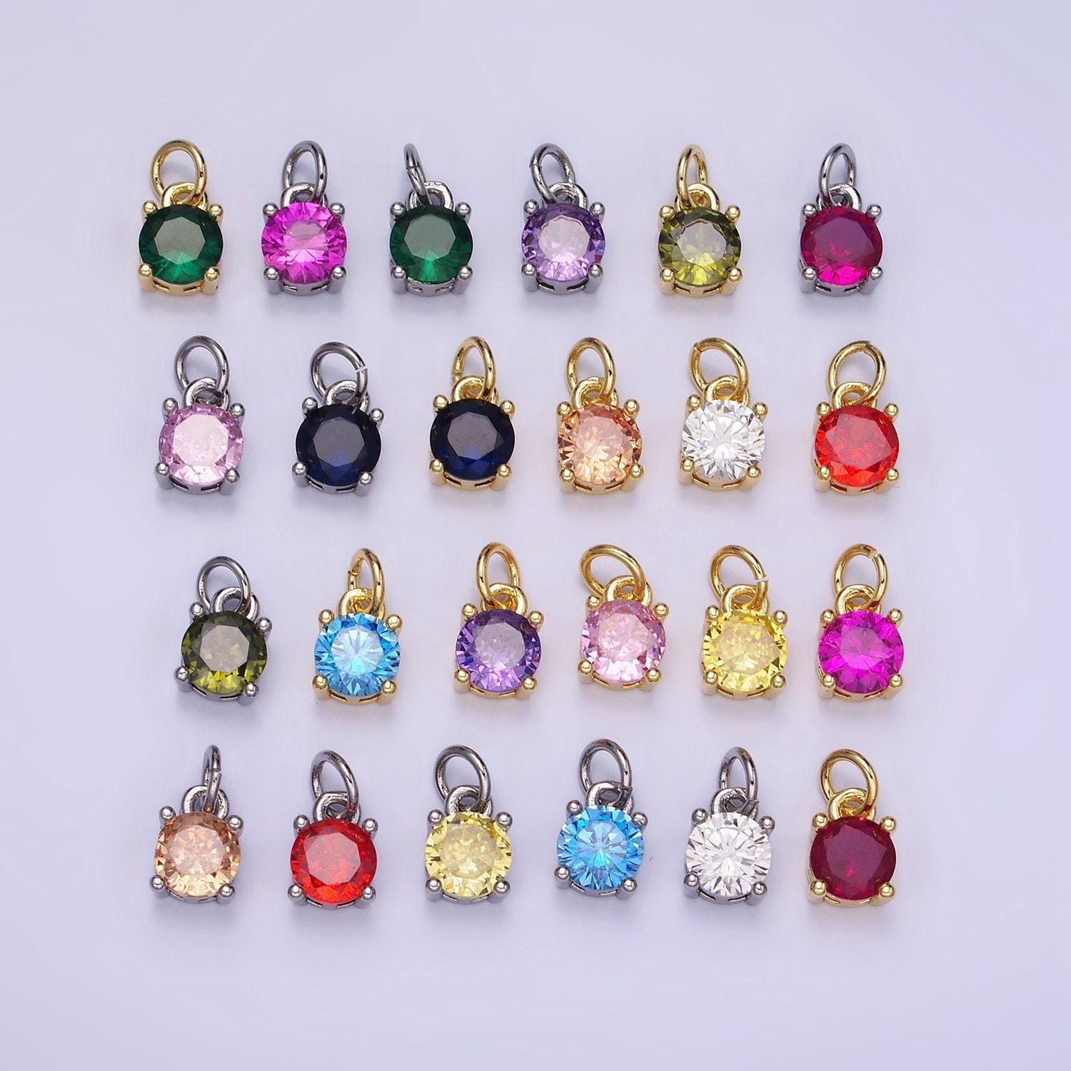 14k gold filled round birthstone cz solitaire charm in gold & silver | w509 - w520