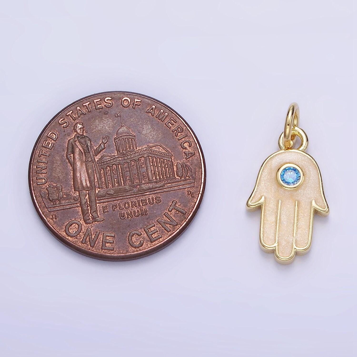 Mini 14k gold filled hamsa hand blue cz enamel hand charm | w-506