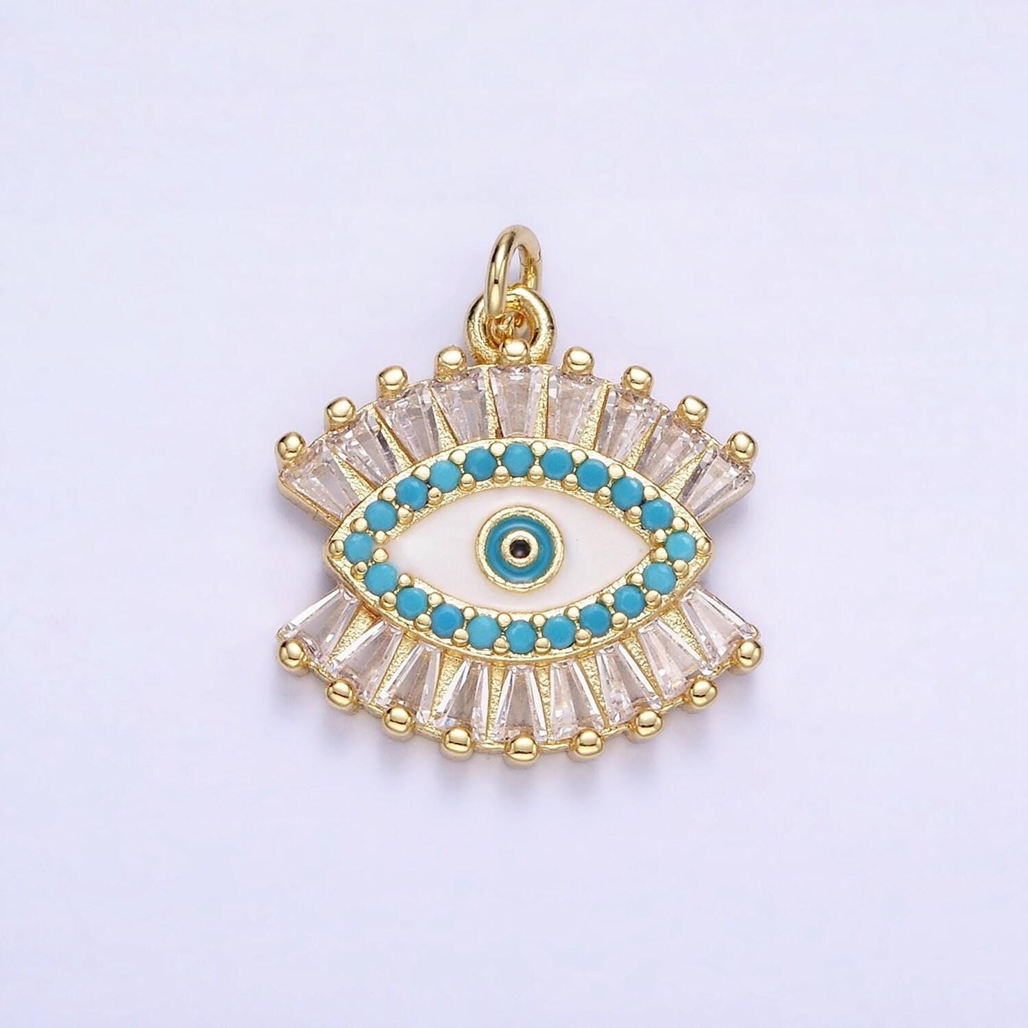14k gold filled evil eye micro paved baguette cz eye charm | w-505