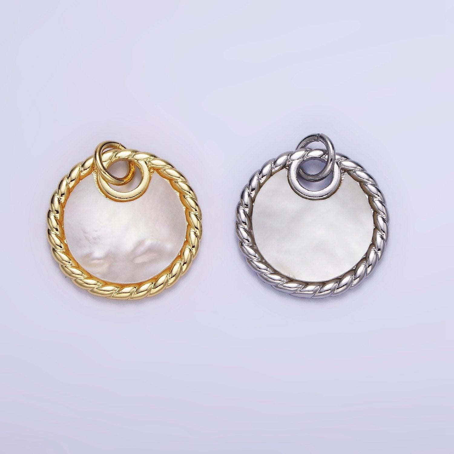 14k gold filled twisted edge coin charm with shell pearl medallion pendant w-503