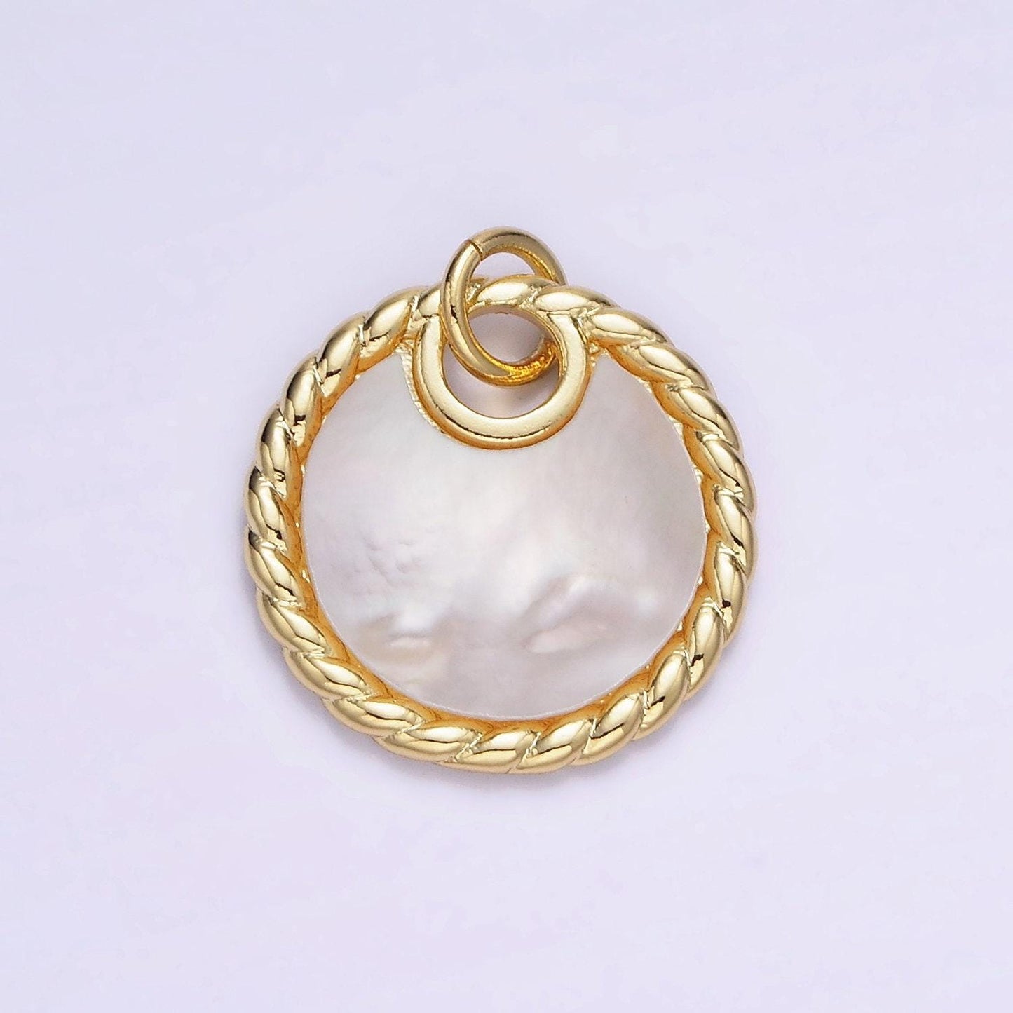 14k gold filled twisted edge coin charm with shell pearl medallion pendant w-503