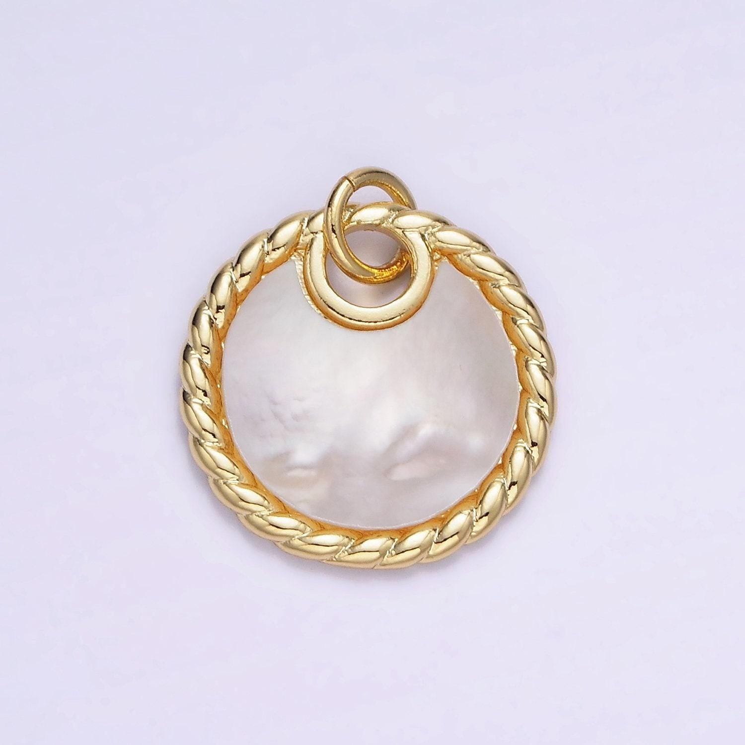 14k gold filled twisted edge coin charm with shell pearl medallion pendant w-503