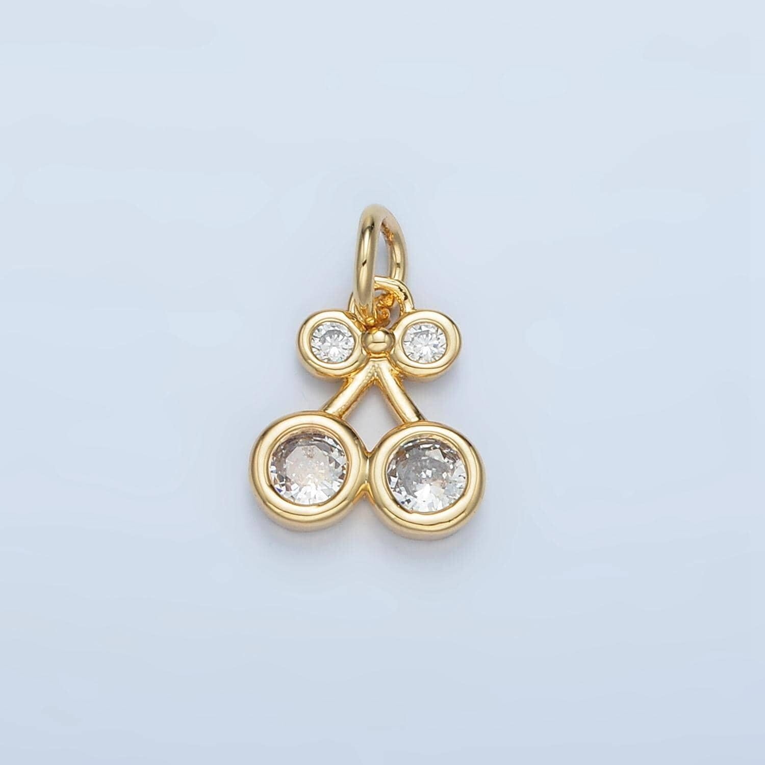 Double stem clear cz cherries gold filled mini fruit charm | ac-820