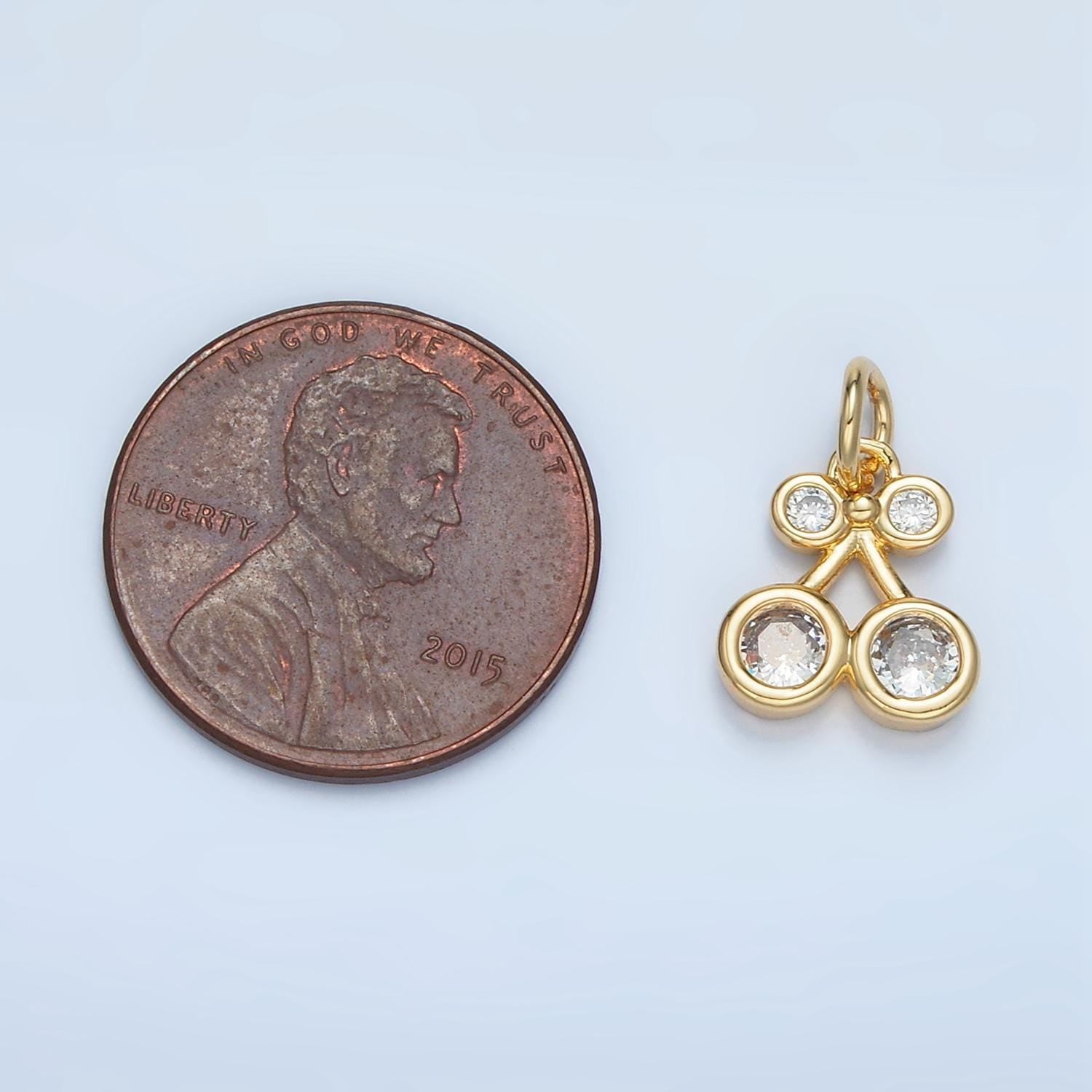 Double stem clear cz cherries gold filled mini fruit charm | ac-820